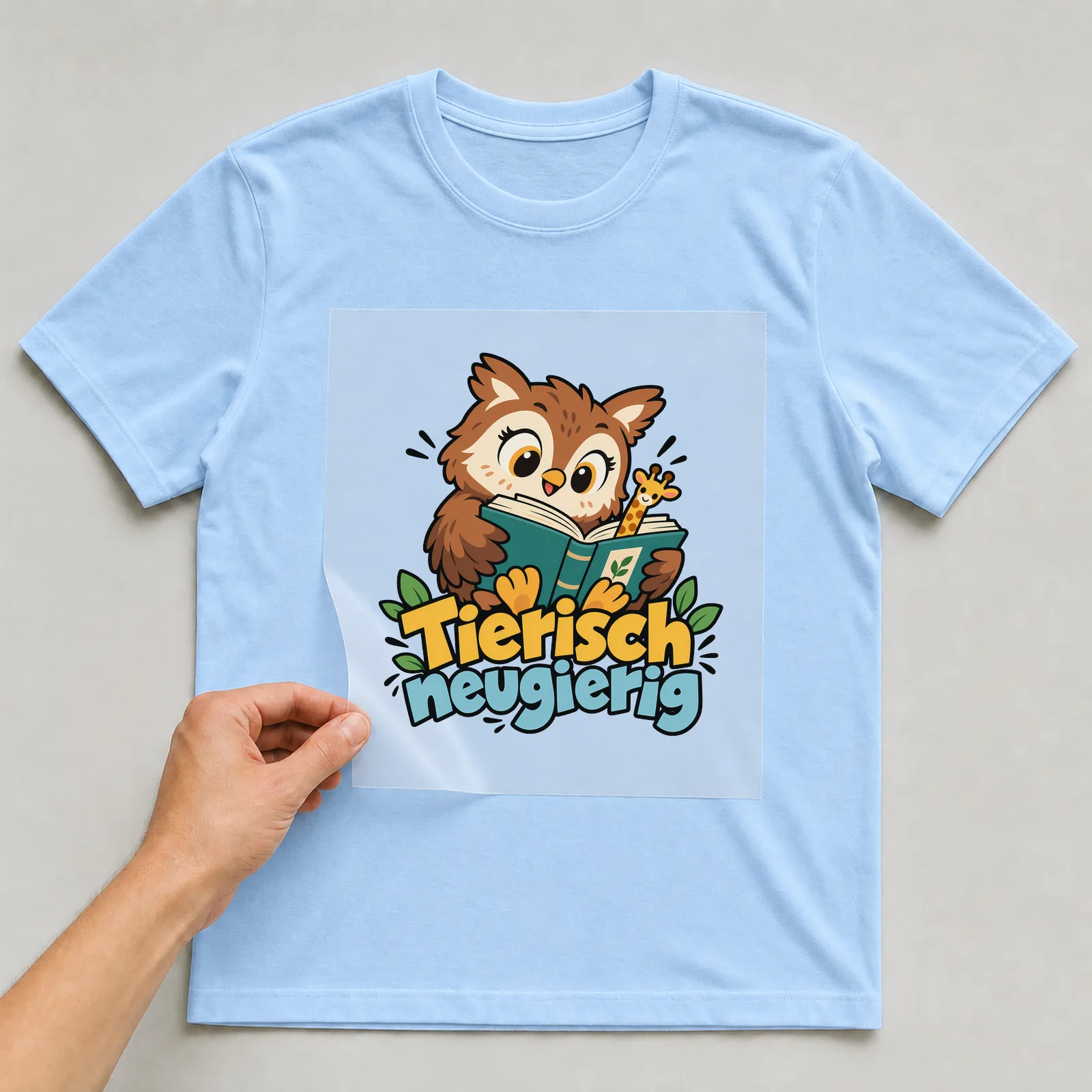 Bügelbild „Tierisch neugierig“ auf hellblauem T-Shirt, Folie wird aufgelegt