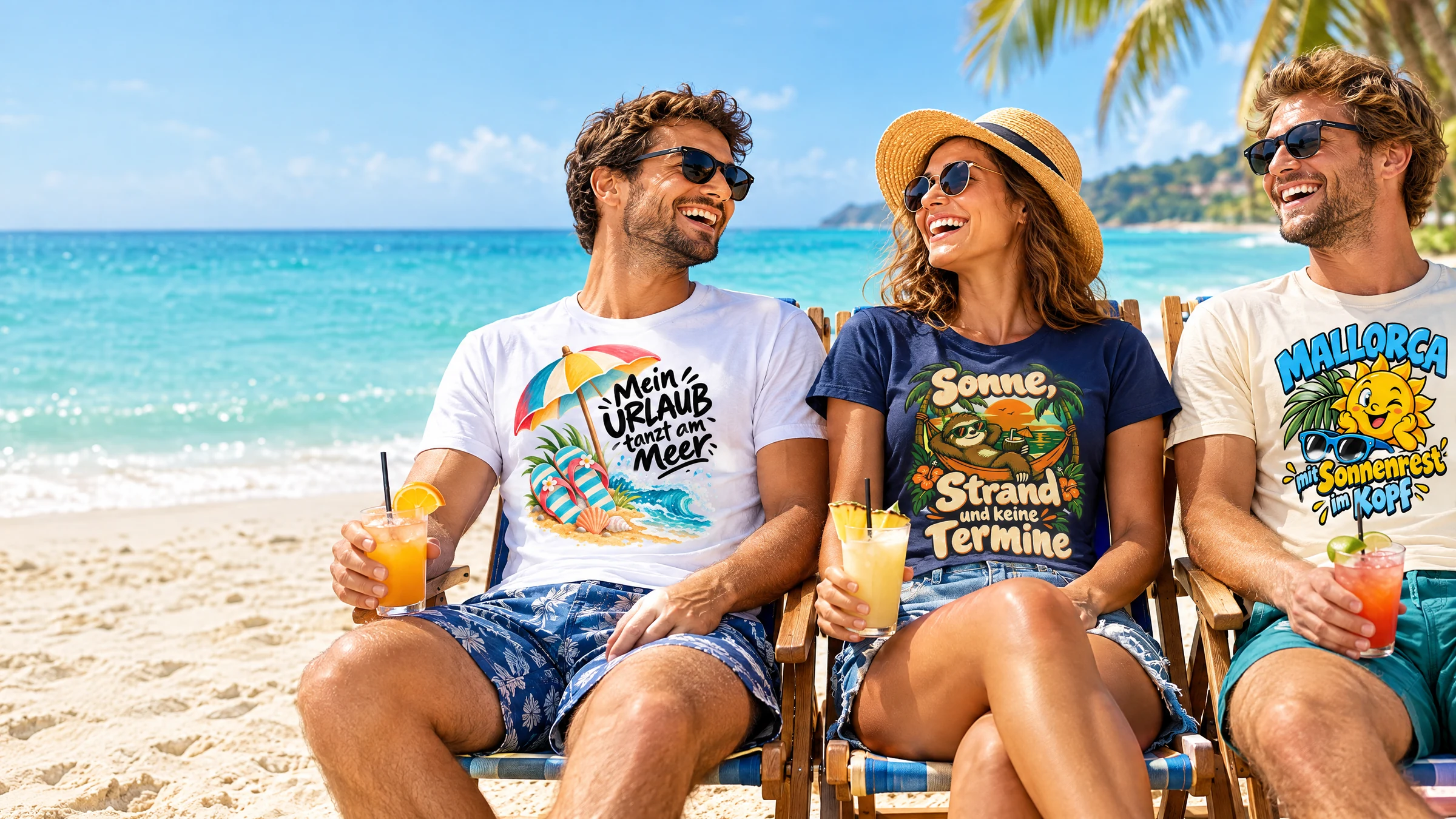 Mallorca und Urlaub: Reisegruppe im Urlaub mit den Bügelbild-Motiven Mein Urlaub tanzt am Meer, Sonne, Strand und keine Termine und Mallorca mit Sonnenrest im Kopf