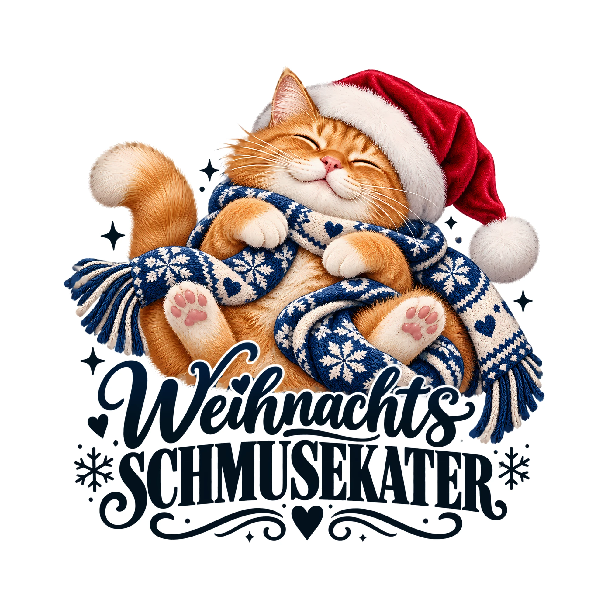 Bügelbild Weihnachts-Schmusekater als Grafik auf weißem Hintergrund (BB013903)