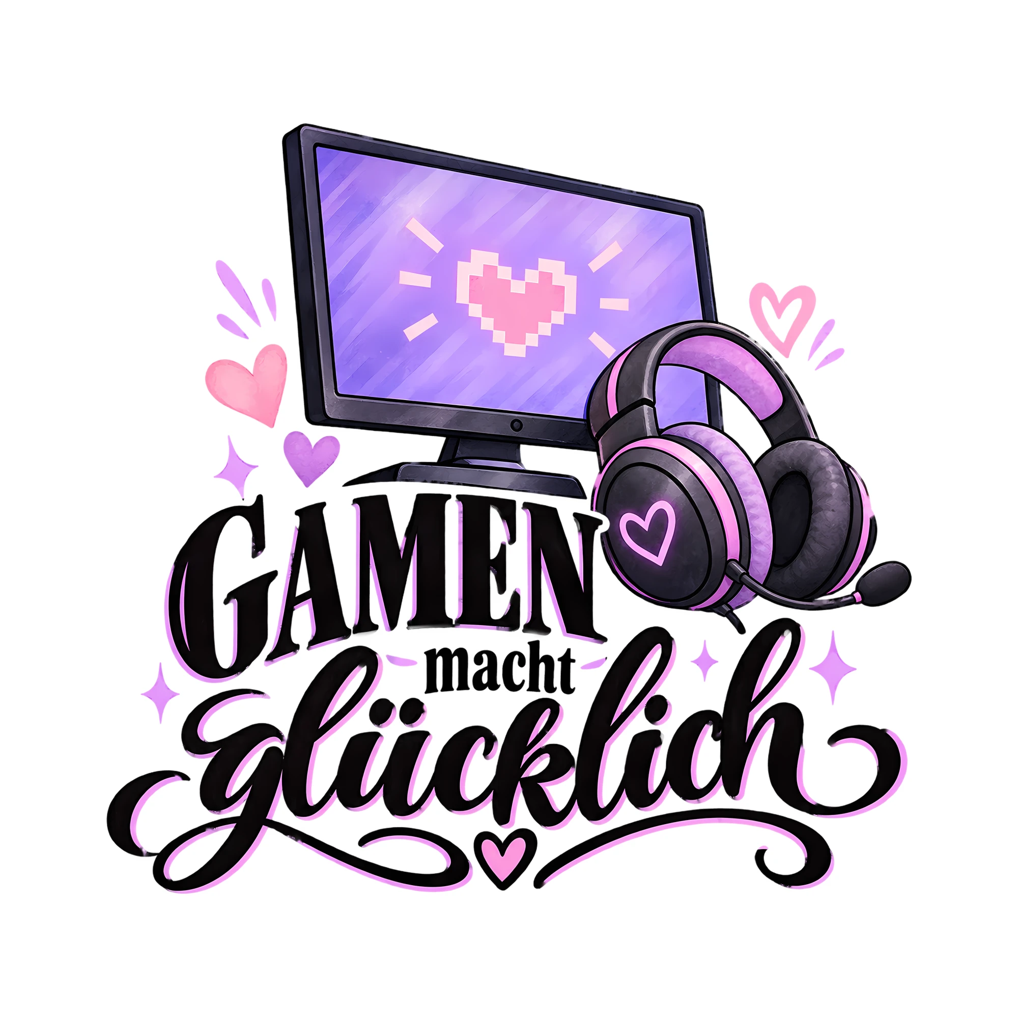 Bügelbild Gamen macht glücklich als Grafik auf weißem Hintergrund (BB012817)