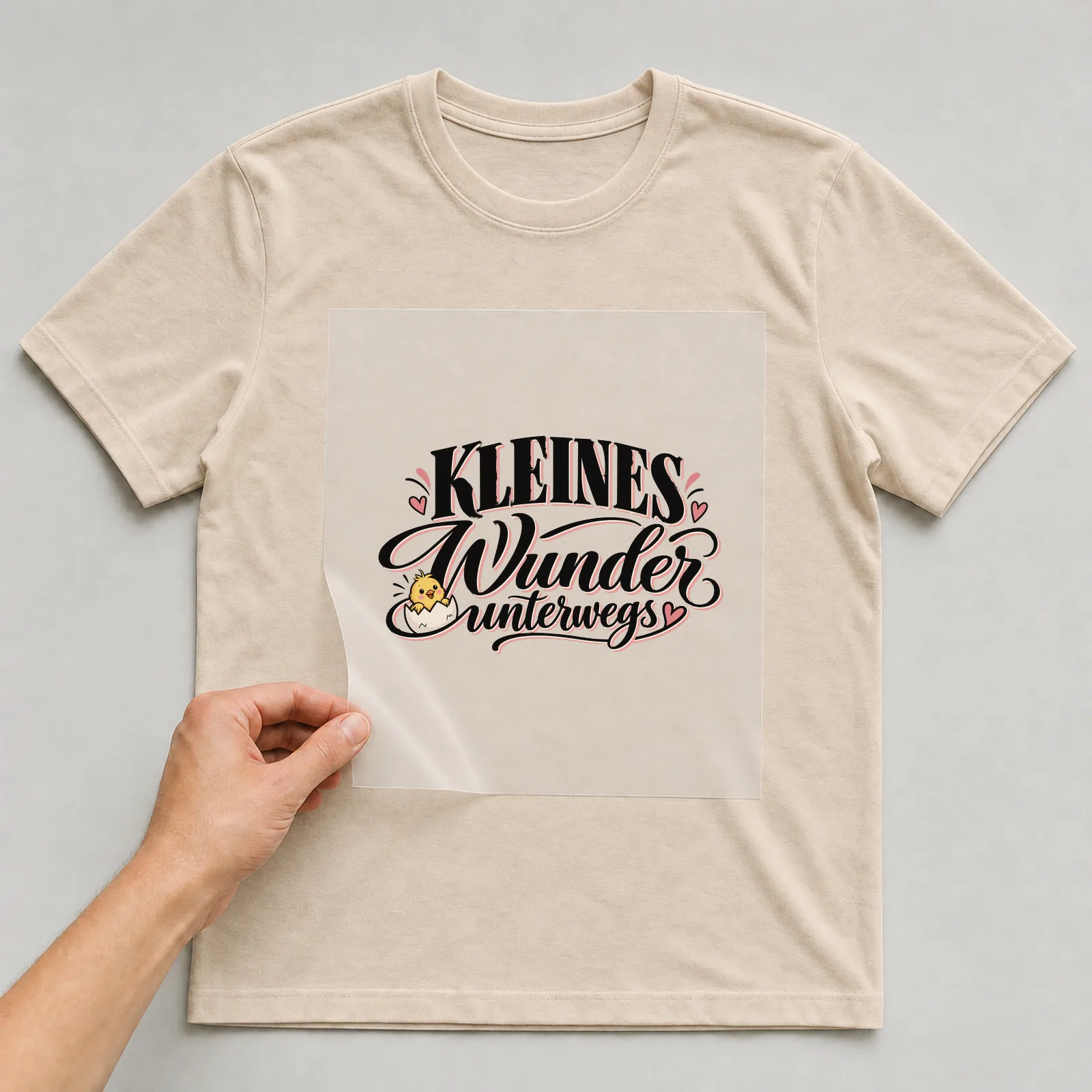 Bügelbild „Kleines Wunder unterwegs“ (klassischem Schriftmix) auf beigem T-Shirt, Folie wird aufgelegt