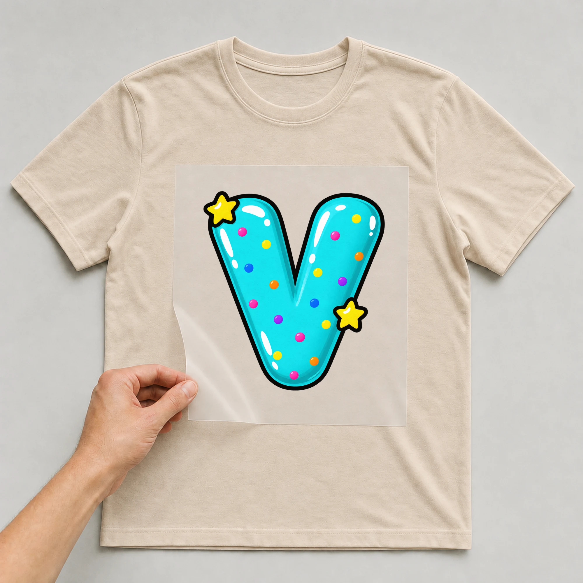 Bügelbild „Buchstabe V im Comic-Ballon-Stil“ auf beigem T-Shirt, Folie wird aufgelegt