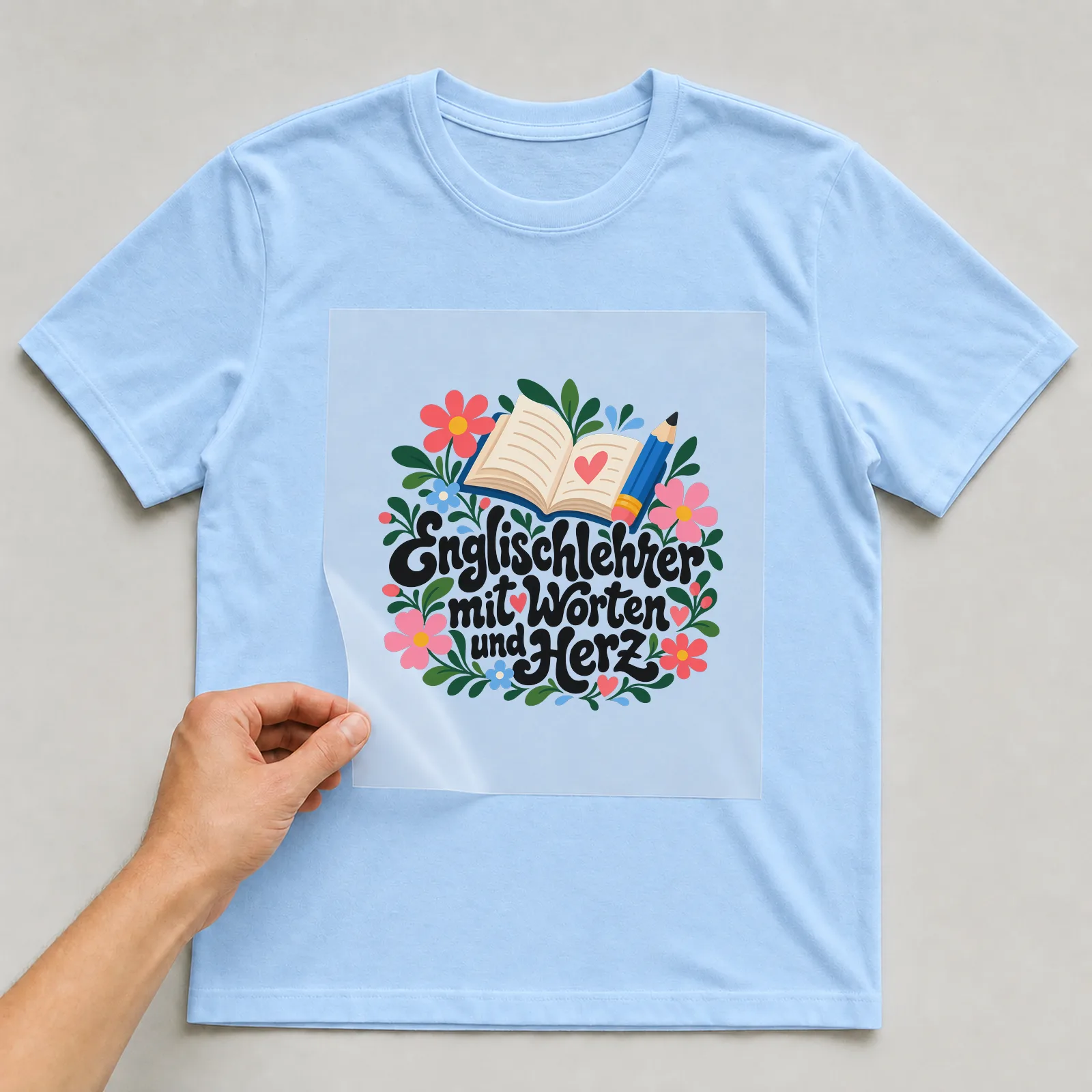 Bügelbild „Englischlehrer mit Worten und Herz“ auf hellblauem T-Shirt, Folie wird aufgelegt