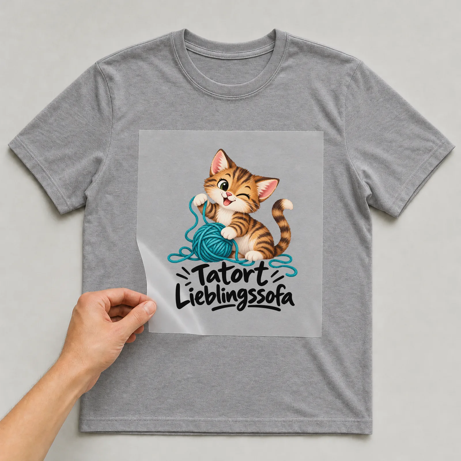 Bügelbild „Tatort Lieblingssofa“ auf grauem T-Shirt, Folie wird aufgelegt