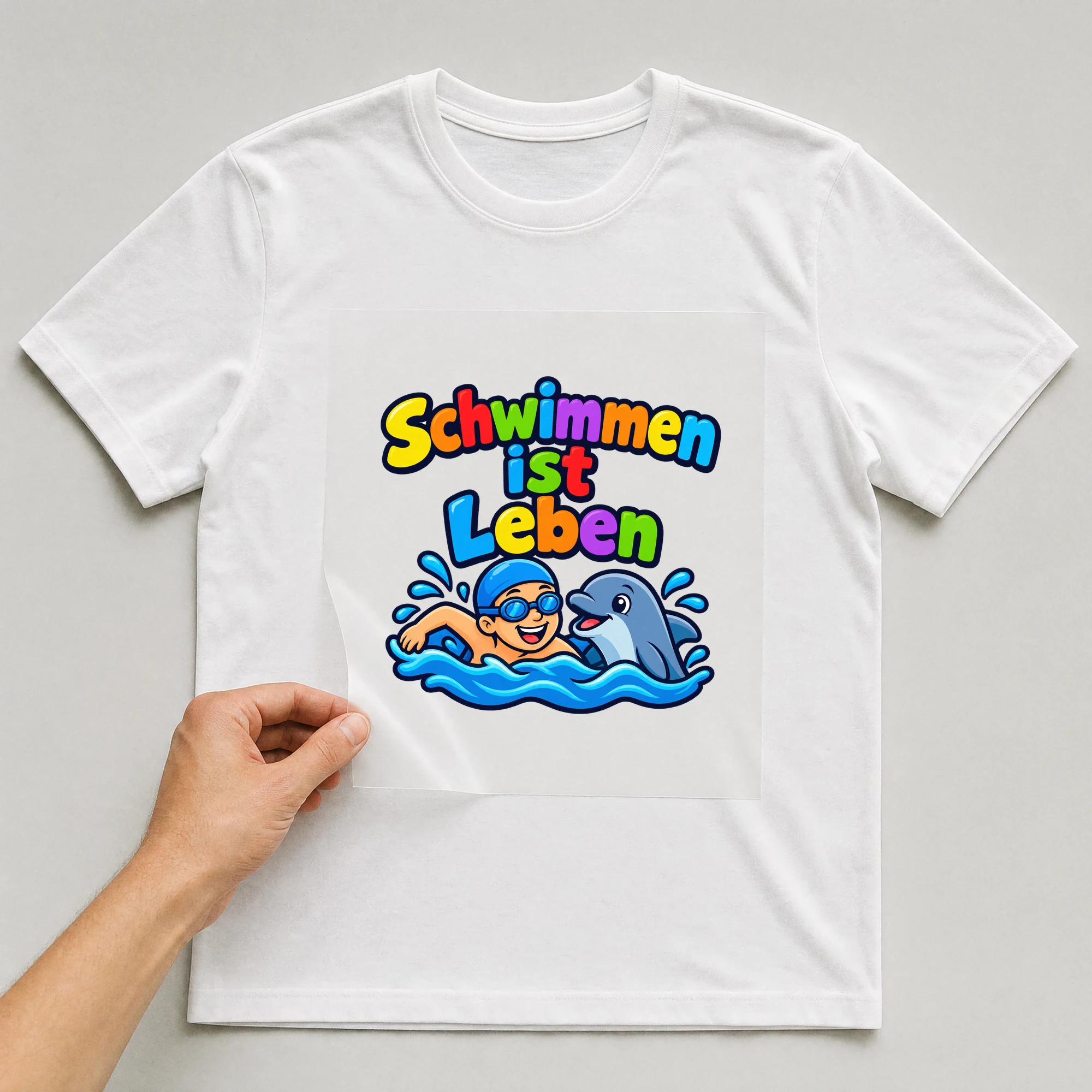Bügelbild „Schwimmen ist Leben“ auf weißem T-Shirt, Folie wird aufgelegt
