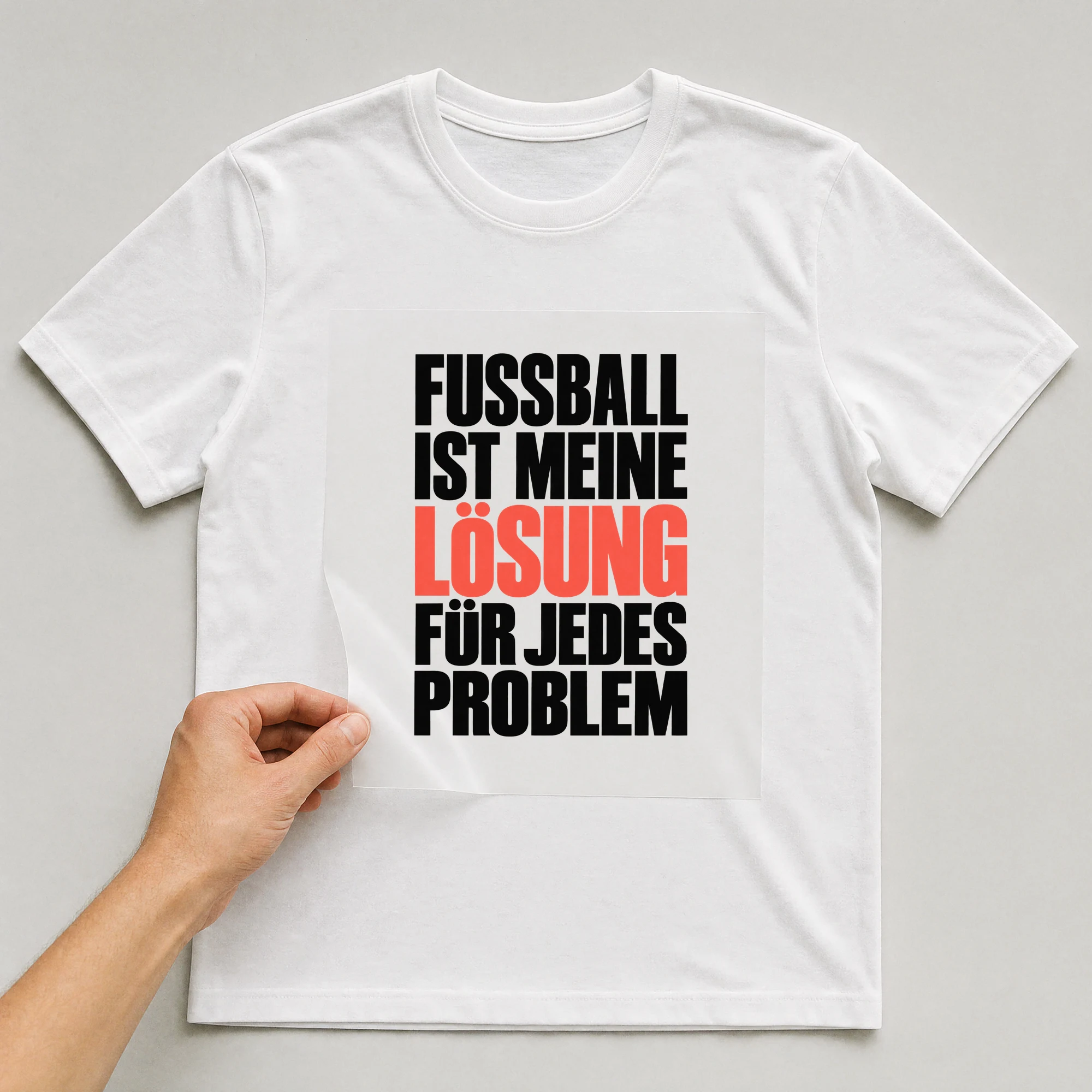 Bügelbild „Fußball ist meine Lösung für jedes Problem“ auf weißem T-Shirt, Folie wird aufgelegt