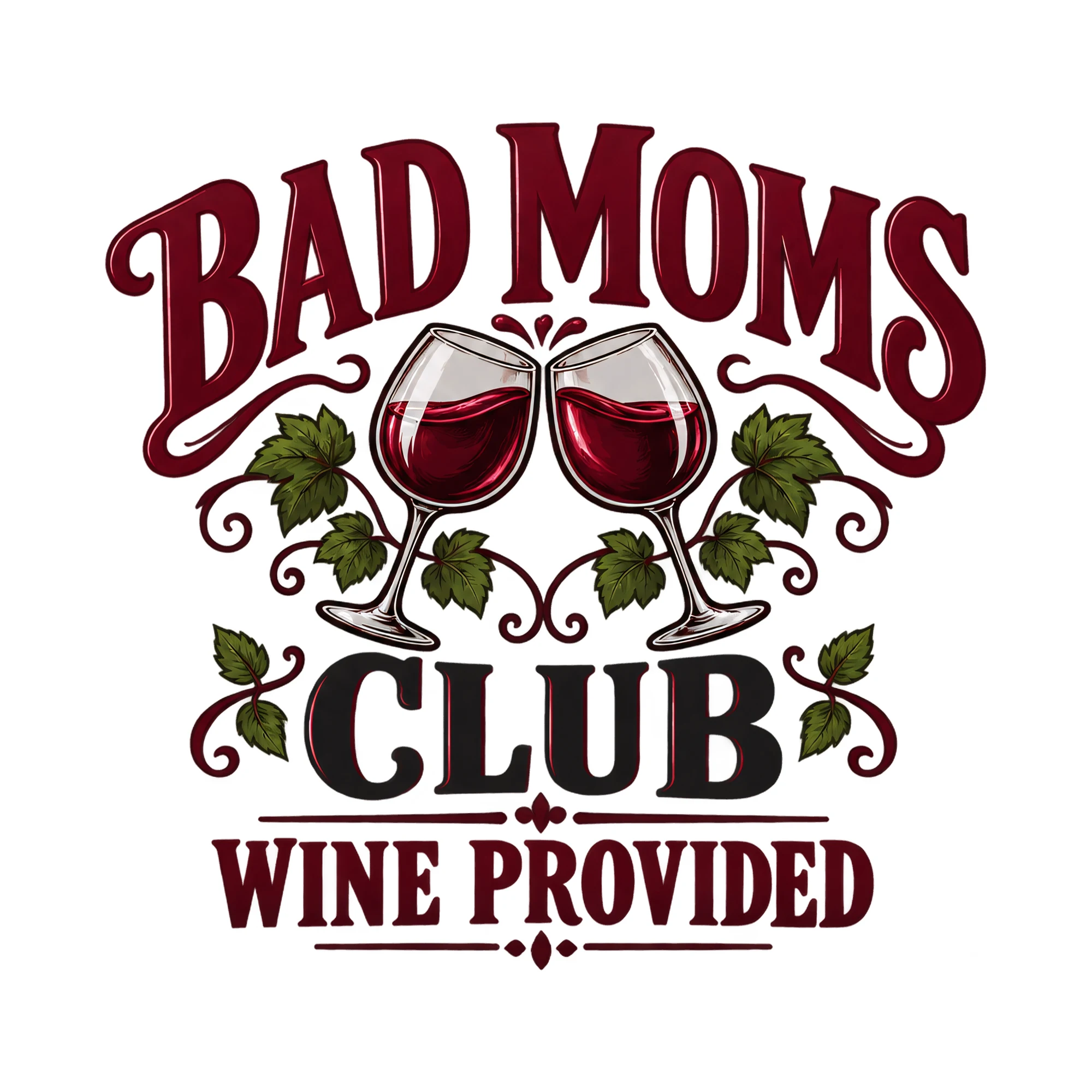 Bügelbild Bad Moms Club Wine Provided, Party Shirt Spruch als Grafik auf weißem Hintergrund (BB017660)