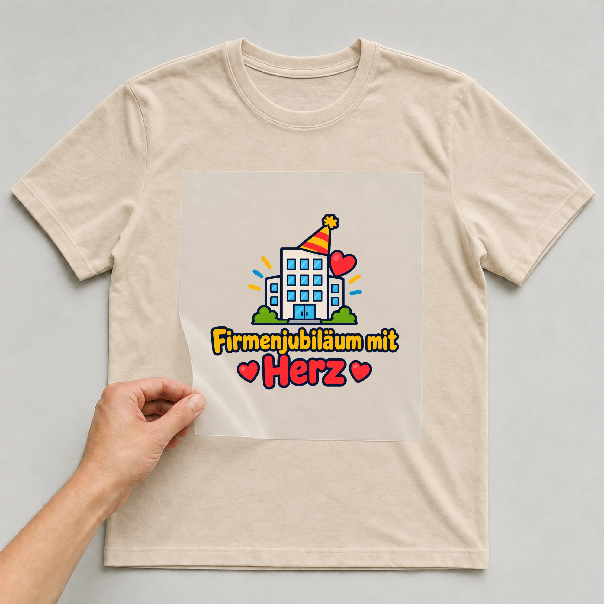 Bügelbild „Firmenjubiläum mit Herz“ auf beigem T-Shirt, Folie wird aufgelegt