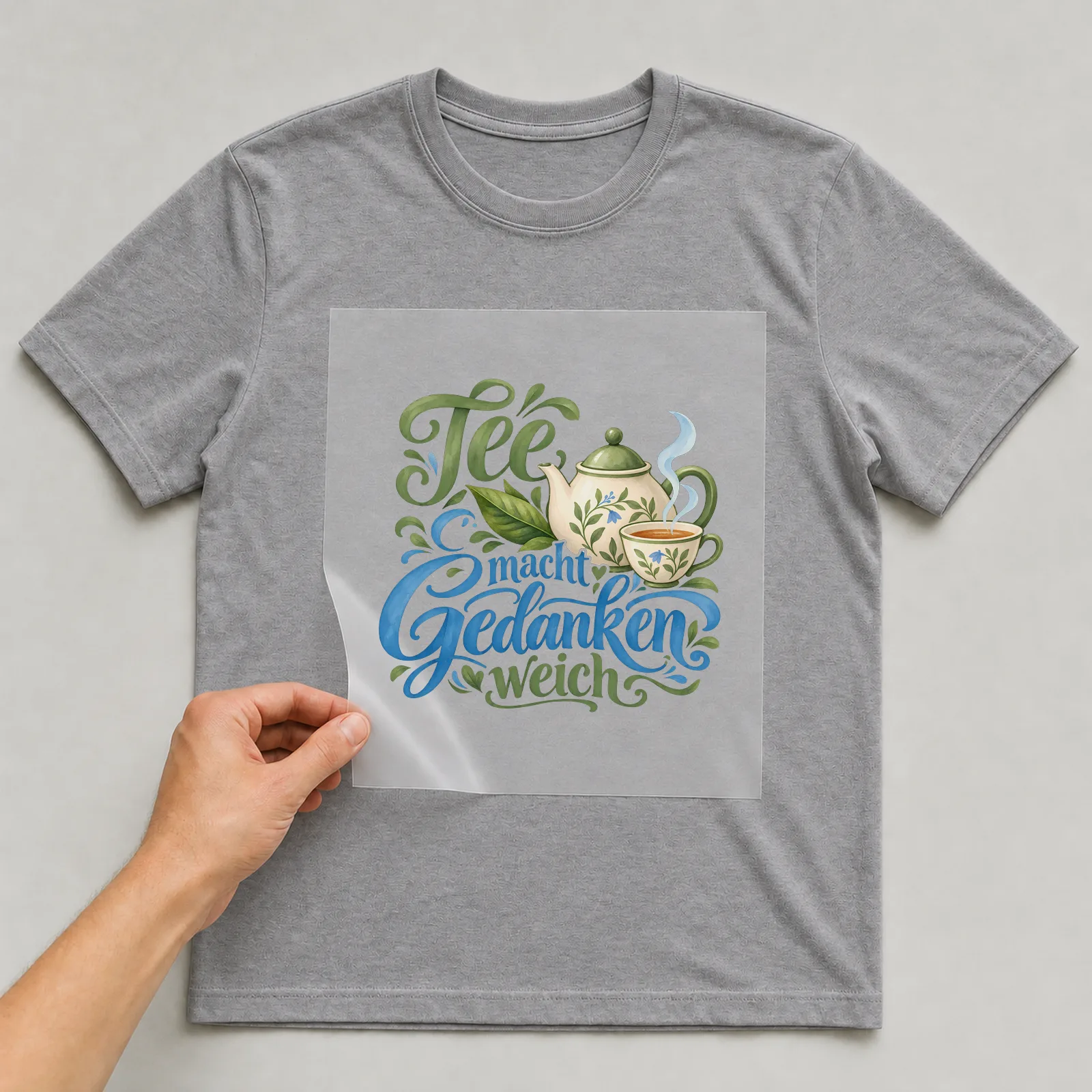 Bügelbild „Tee macht Gedanken weich“ auf grauem T-Shirt, Folie wird aufgelegt