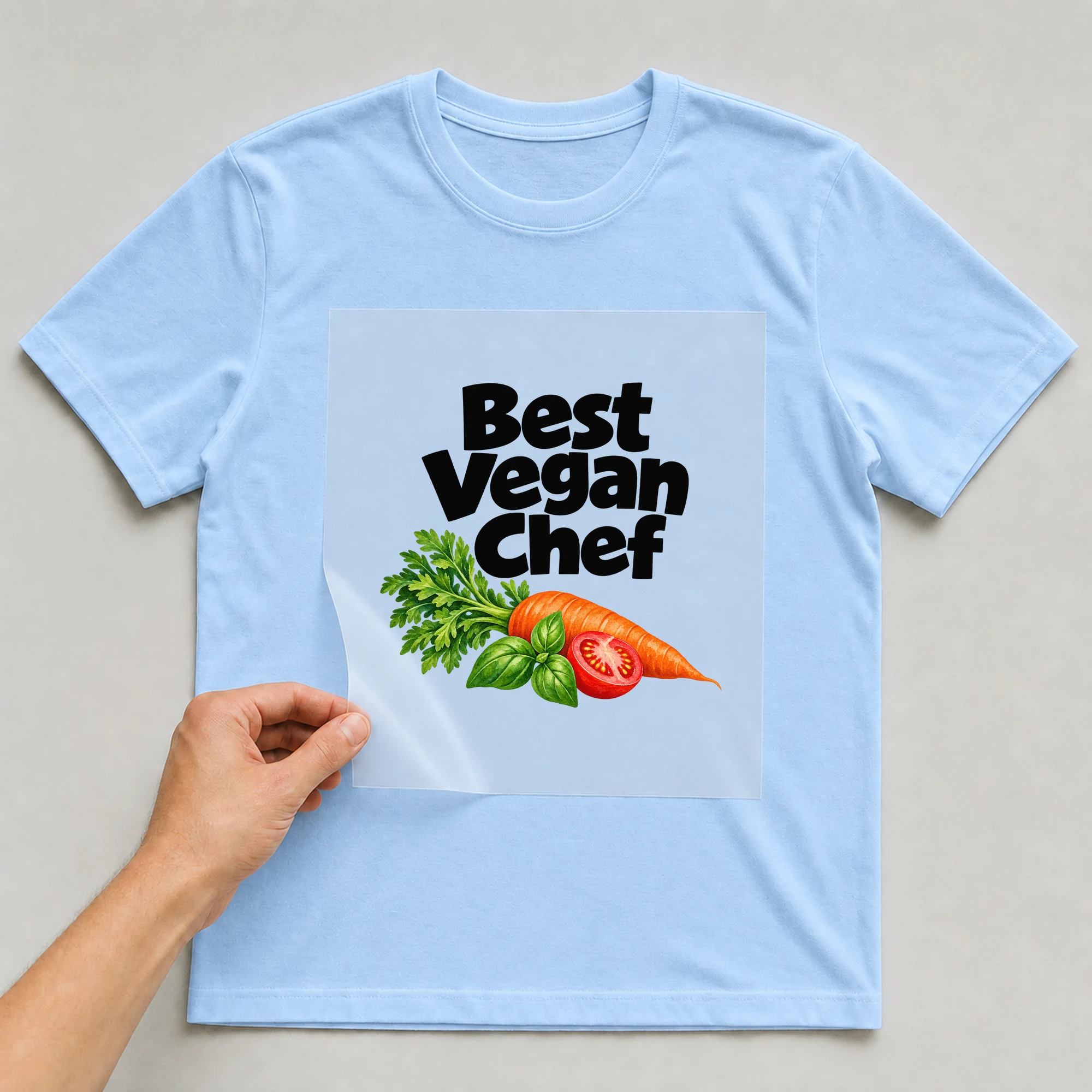 Bügelbild „Best Vegan Chef“ auf babyblauem T-Shirt, Folie wird aufgelegt