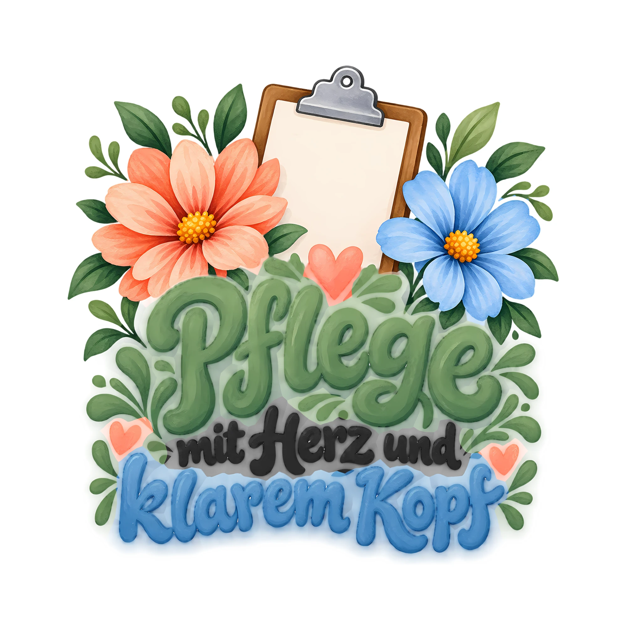 Bügelbild Pflege mit Herz und klarem Kopf als Grafik auf weißem Hintergrund (BB011741)
