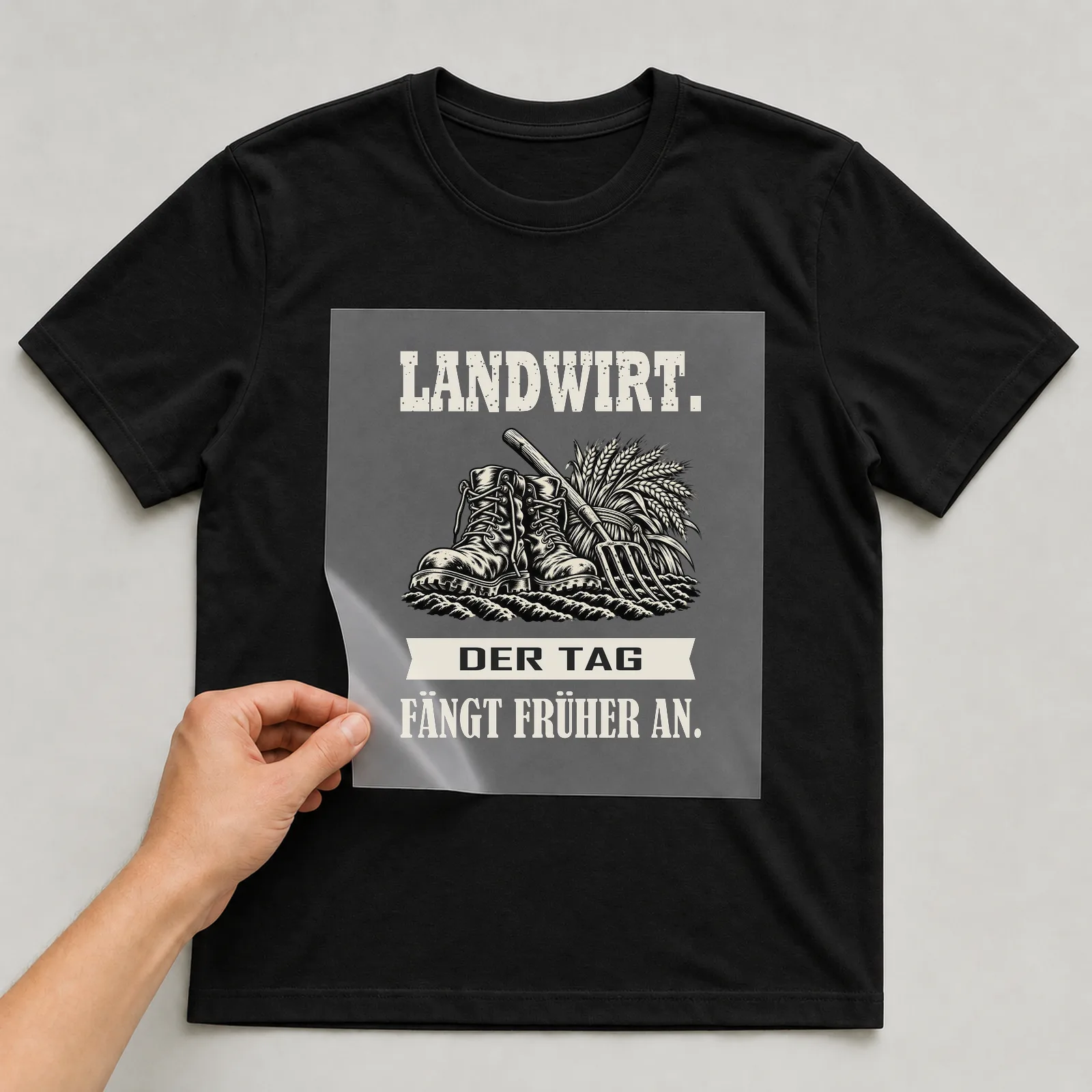 Bügelbild „Landwirt. Der Tag fängt früher an.“ auf schwarzem T-Shirt, Folie wird aufgelegt
