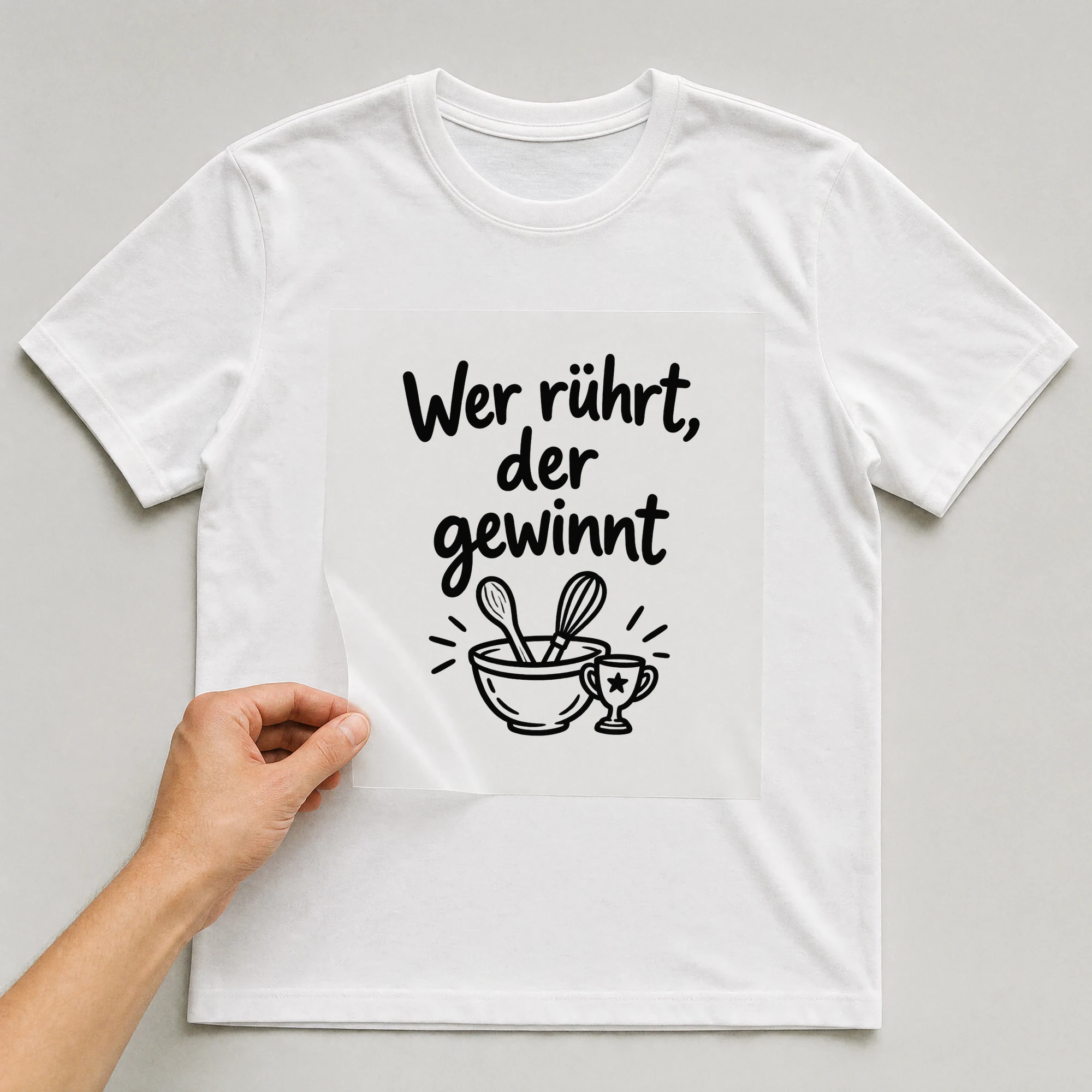Bügelbild „Wer rührt, der gewinnt“ auf weißem T-Shirt, Folie wird aufgelegt