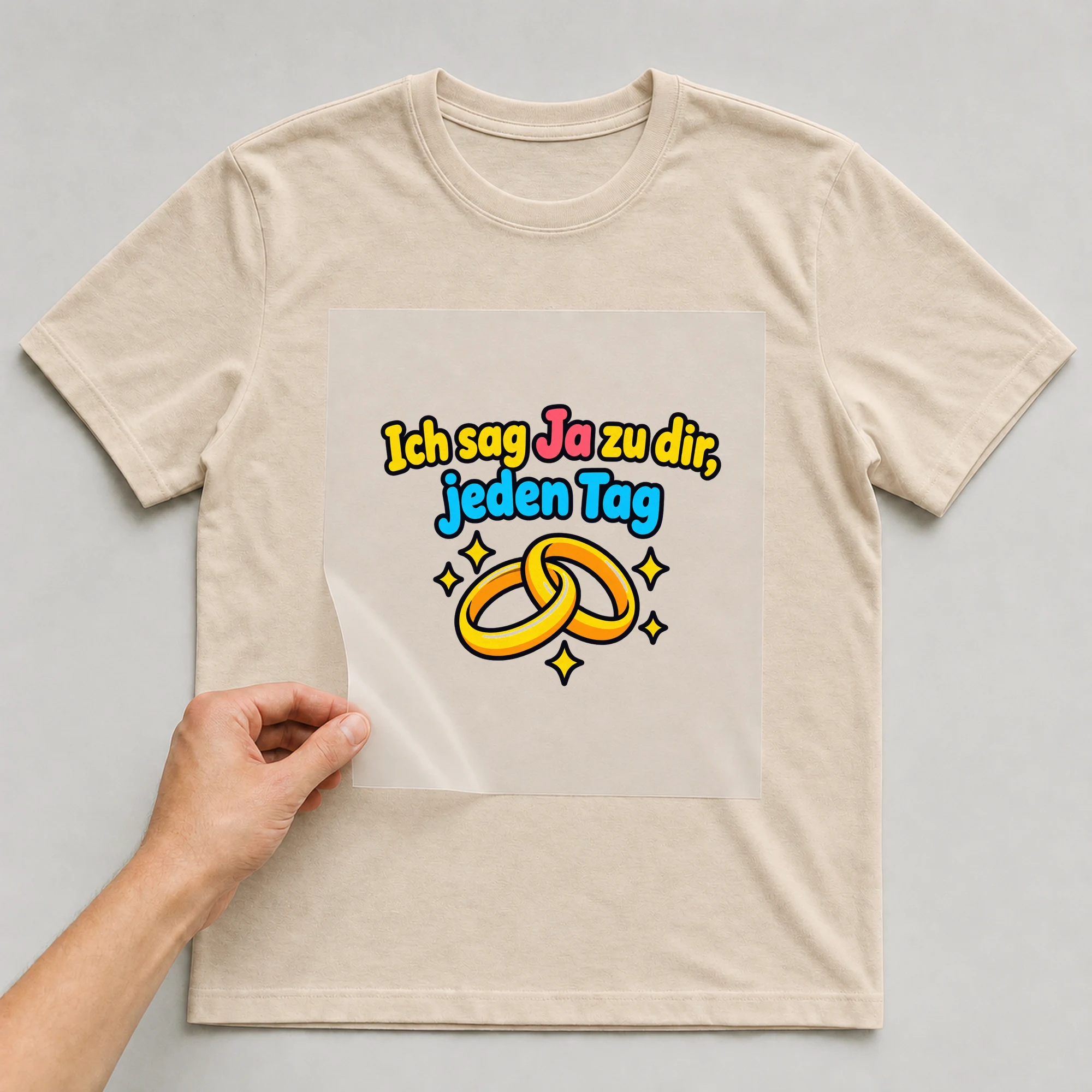 Bügelbild „Ich sag Ja zu dir, jeden Tag“ auf beigem T-Shirt, Folie wird aufgelegt