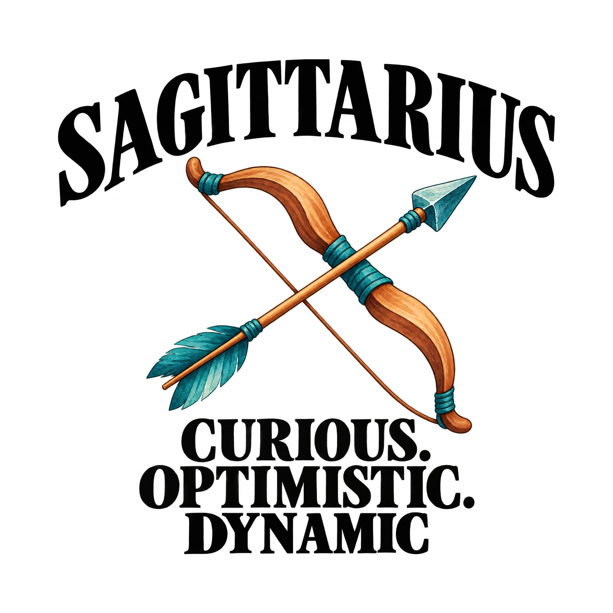 Bügelbild Sagittarius Curious. Optimistic. Dynamic, Lustiger Shirt Spruch als Grafik auf weißem Hintergrund (BB015993)