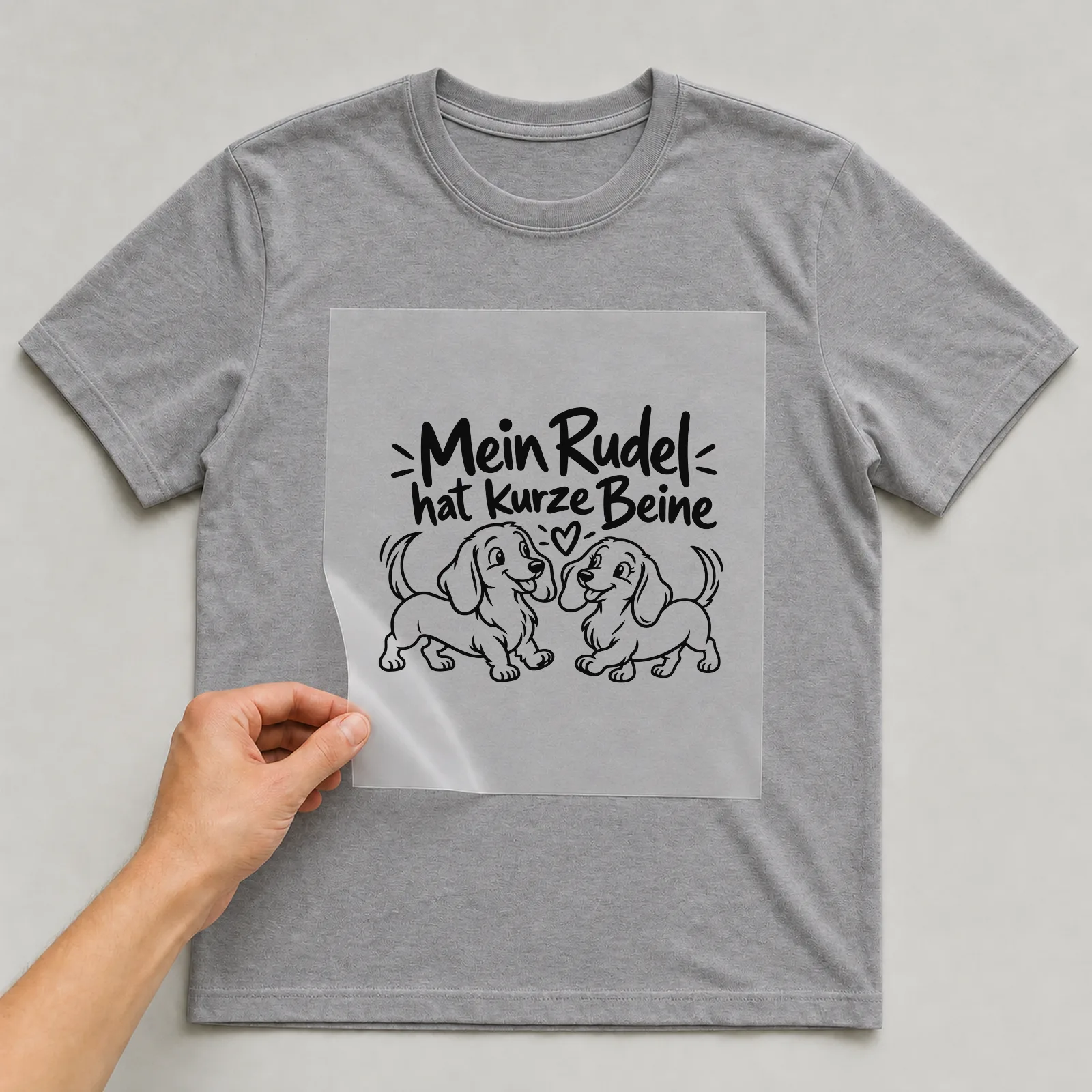 Bügelbild „Mein Rudel hat kurze Beine“ auf grauem T-Shirt, Folie wird aufgelegt