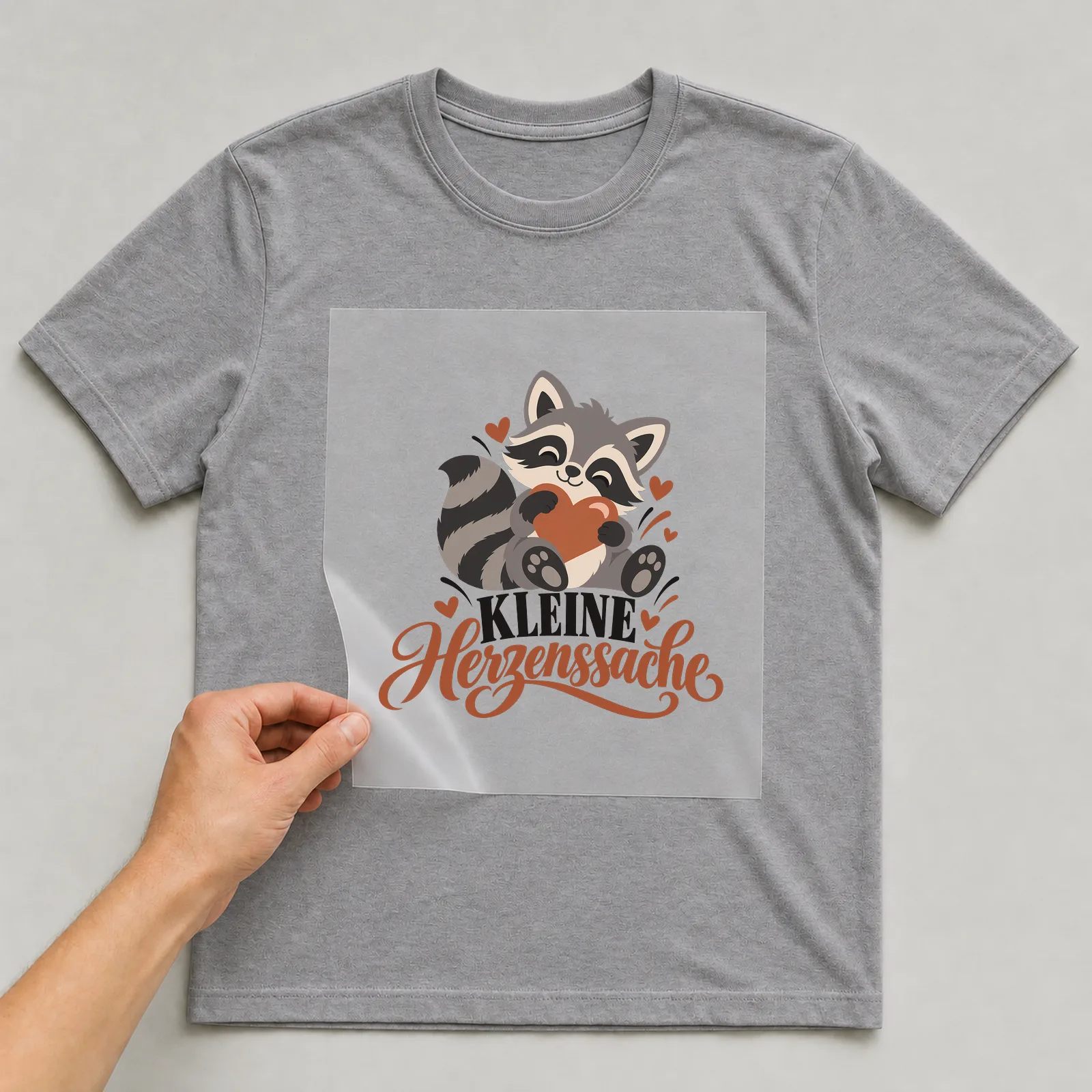 Bügelbild „Kleine Herzenssache“ auf grauem T-Shirt, Folie wird aufgelegt