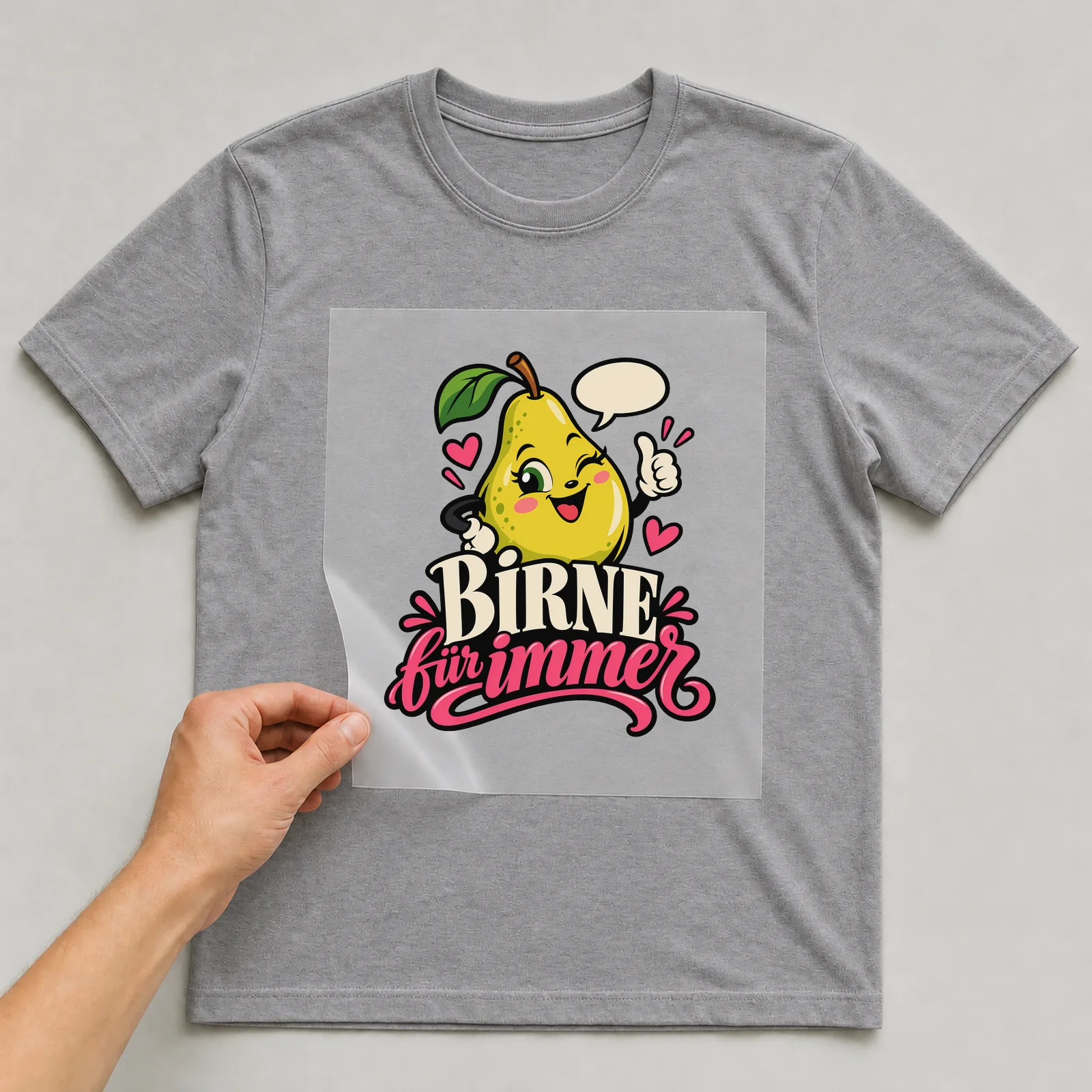 Bügelbild „Birne für immer“ auf grauem T-Shirt, Folie wird aufgelegt
