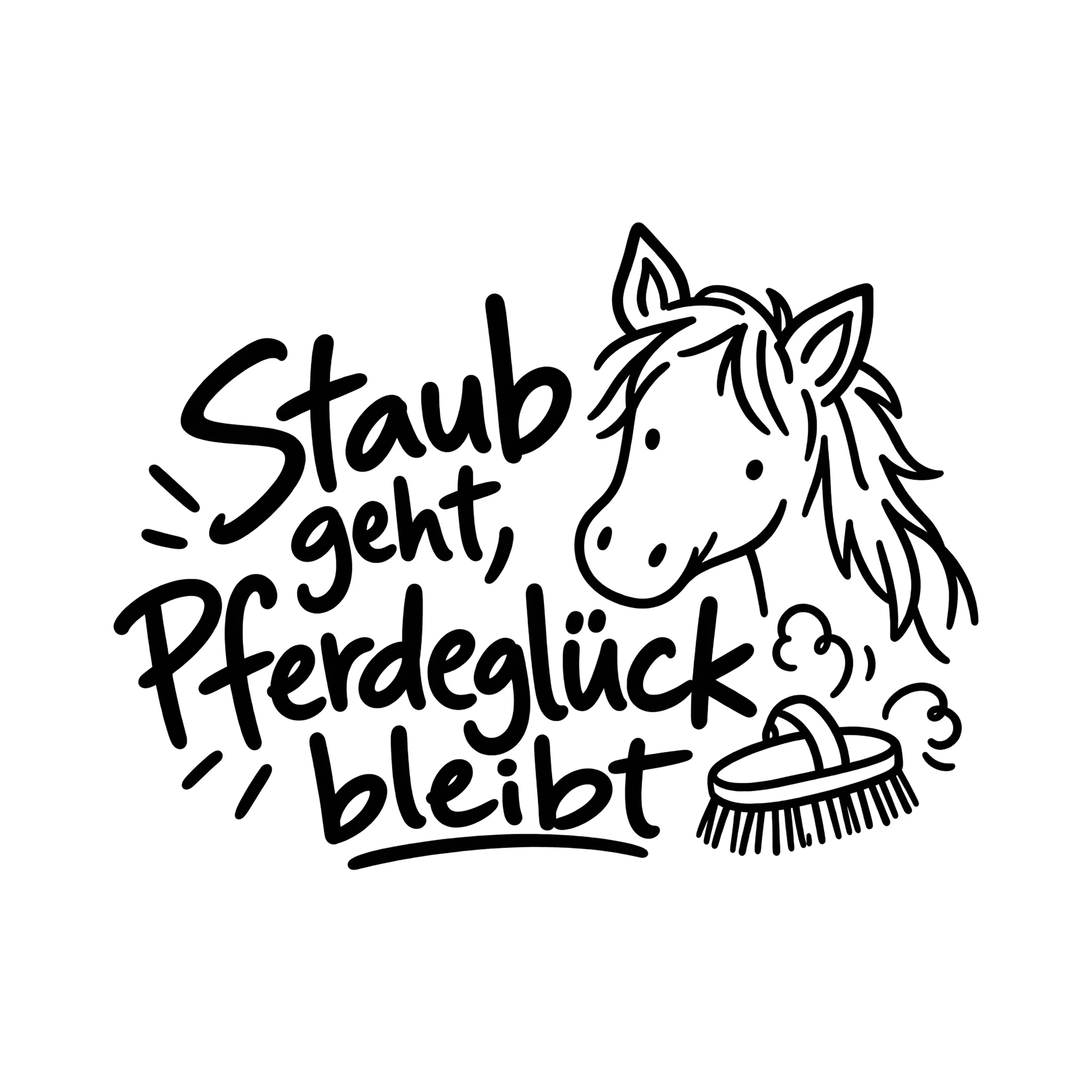 Bügelbild Staub geht, Pferdeglück bleibt als Grafik auf weißem Hintergrund (BB014356)