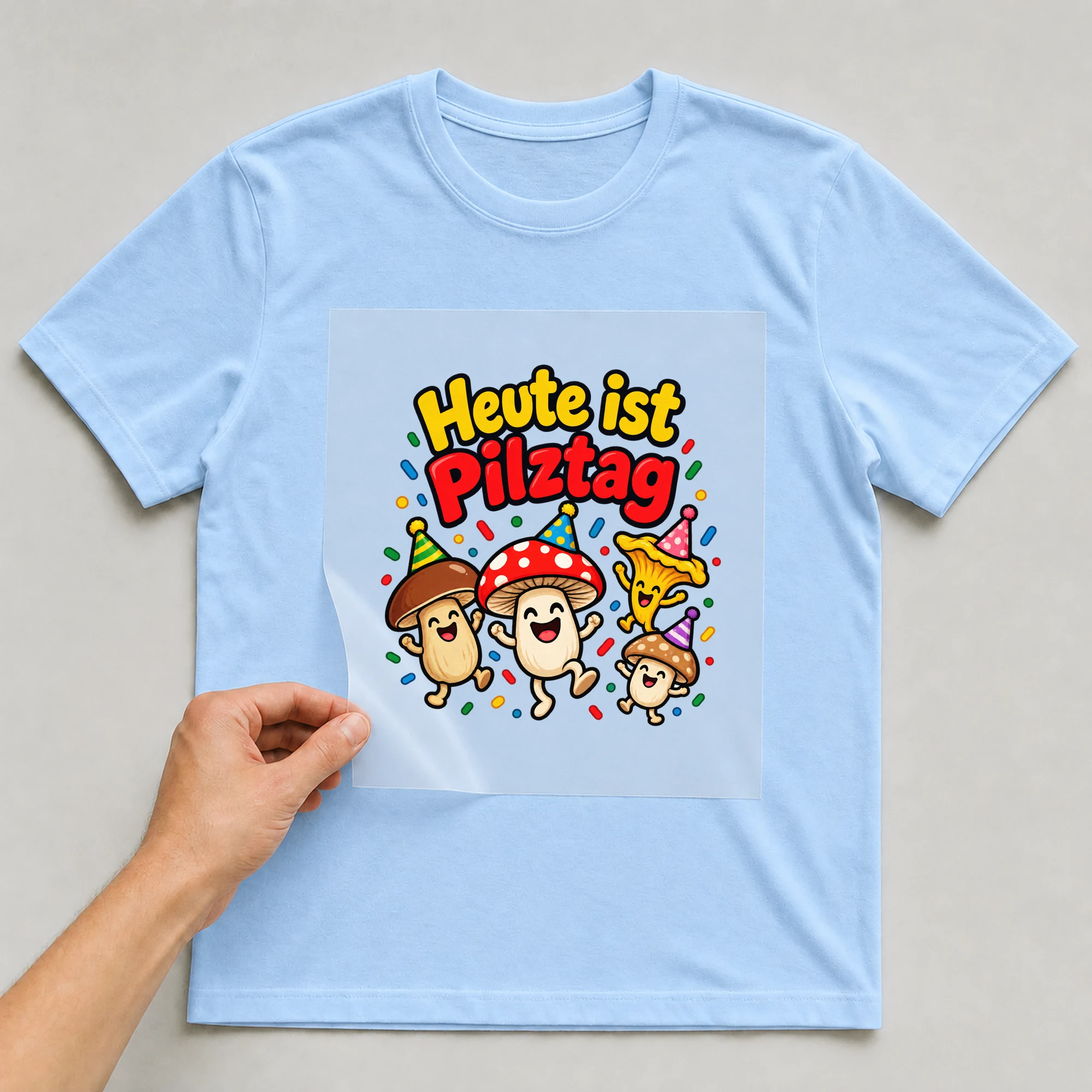 Bügelbild „Heute ist Pilztag“ auf babyblauem T-Shirt, Folie wird aufgelegt