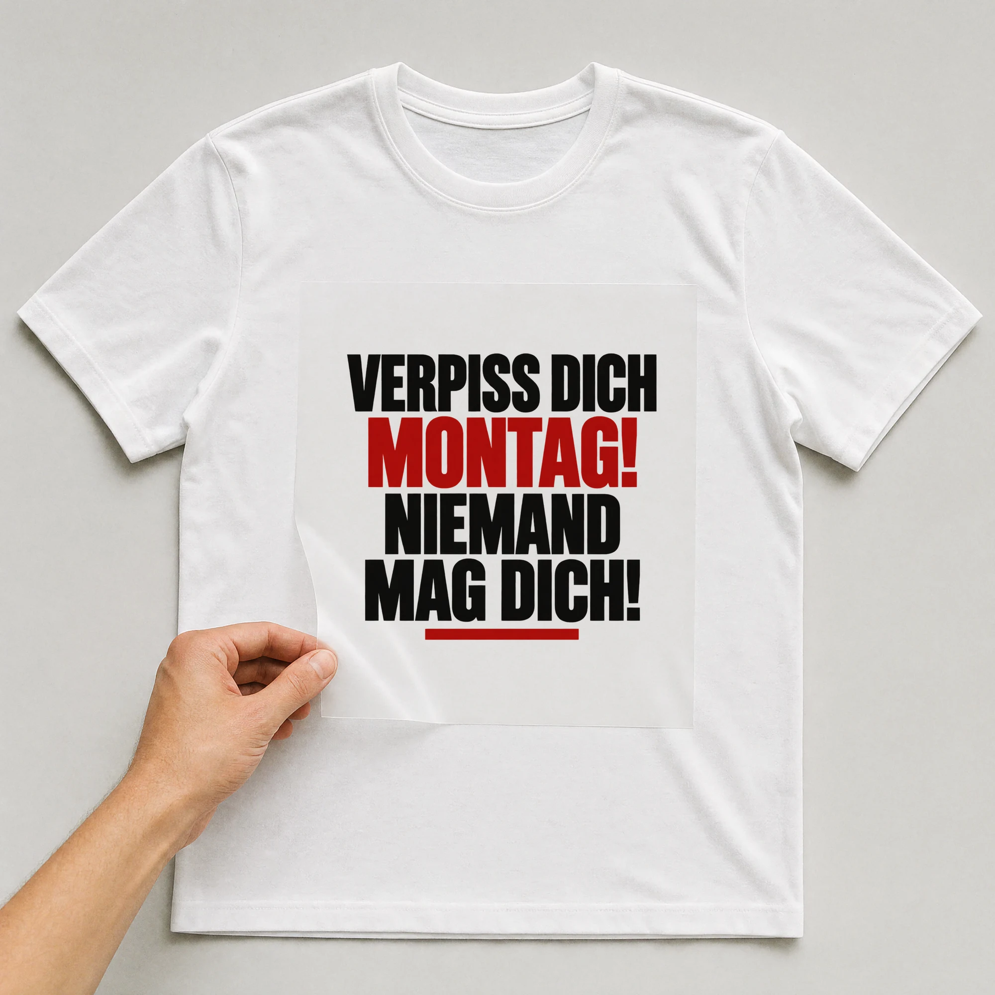 Bügelbild „Verpiss dich Montag! Niemand mag dich!“ auf weißem T-Shirt, Folie wird aufgelegt