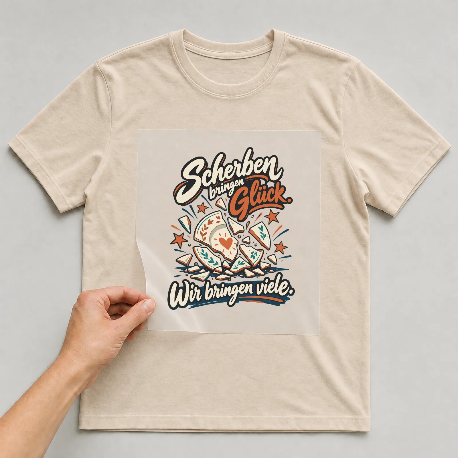 Bügelbild Scherben bringen Glück. Wir bringen viele. auf beigem T-Shirt, Folie wird aufgelegt