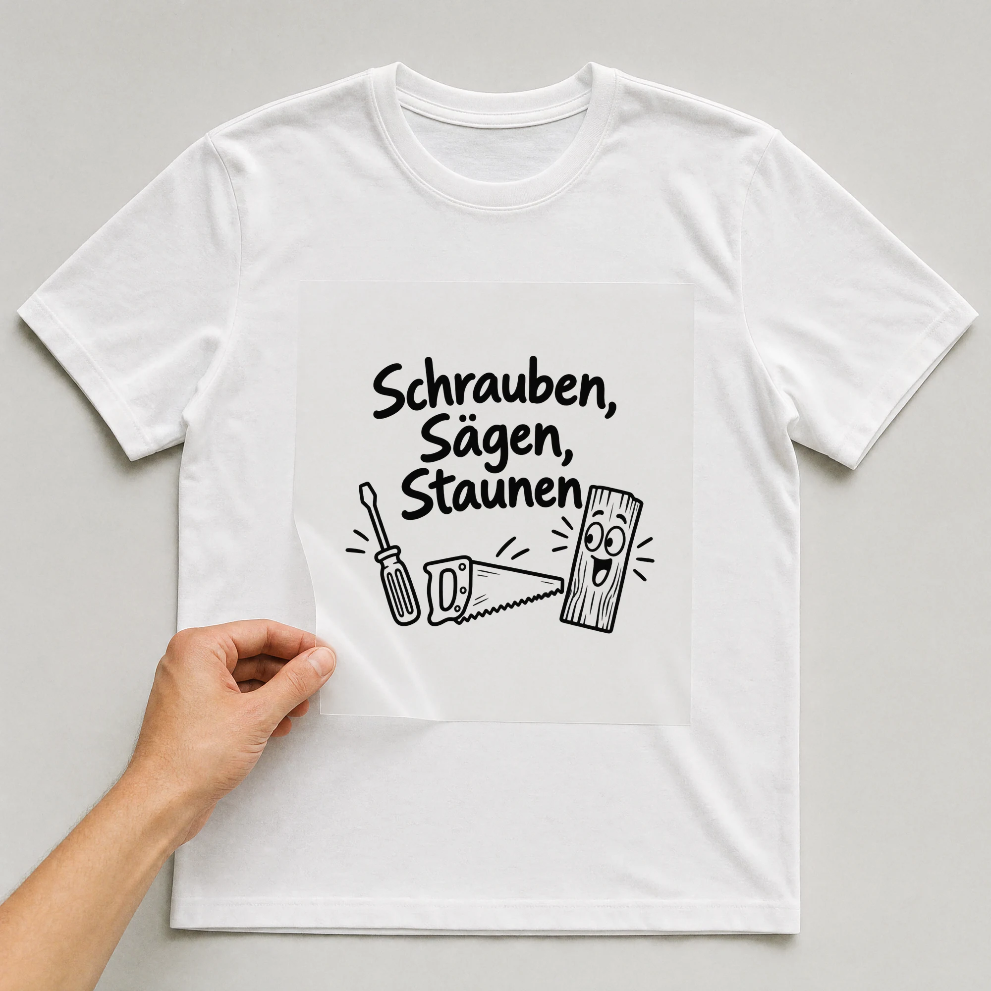 Bügelbild „Schrauben, Sägen, Staunen“ auf weißem T-Shirt, Folie wird aufgelegt