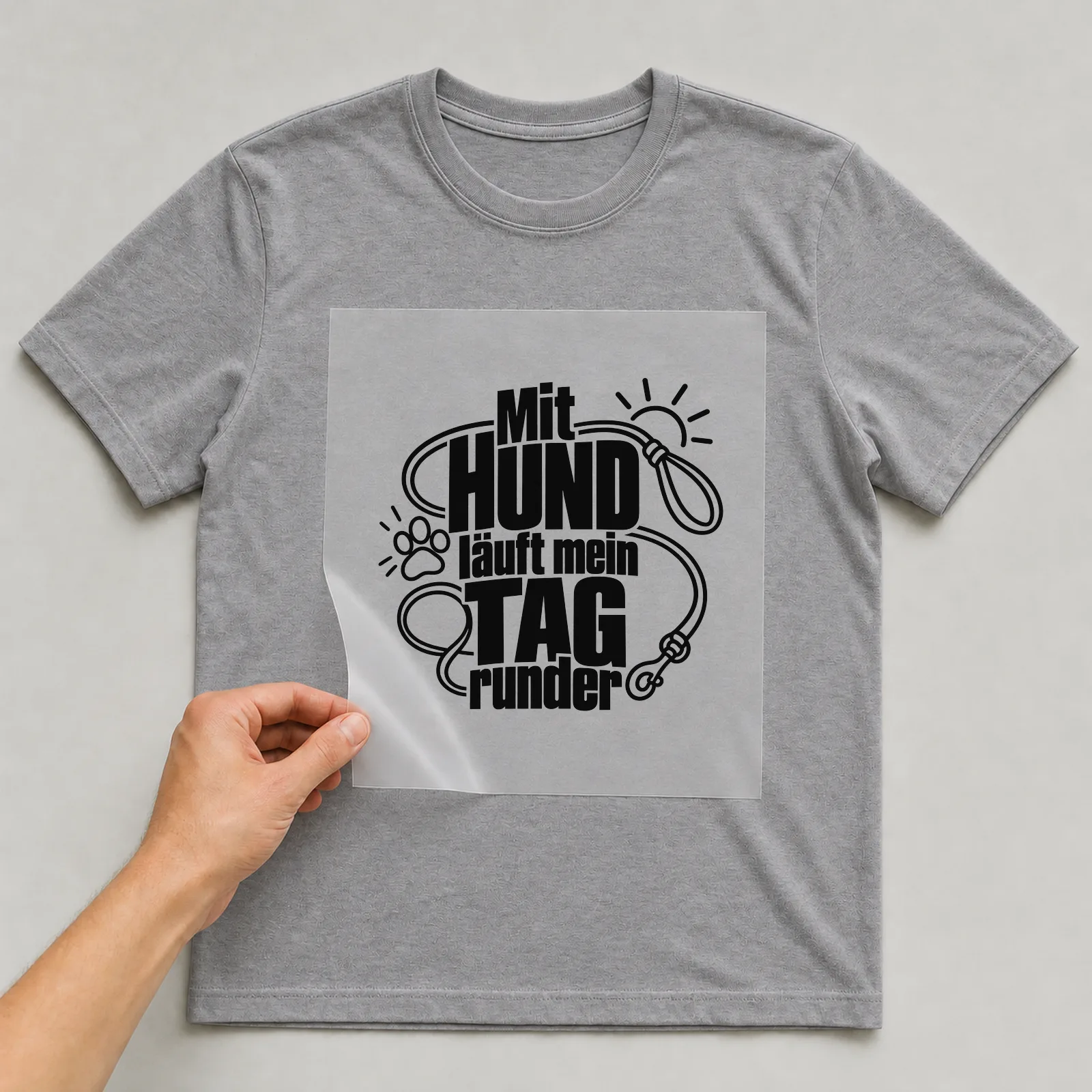 Bügelbild „Mit Hund läuft mein Tag runder“ auf grauem T-Shirt, Folie wird aufgelegt