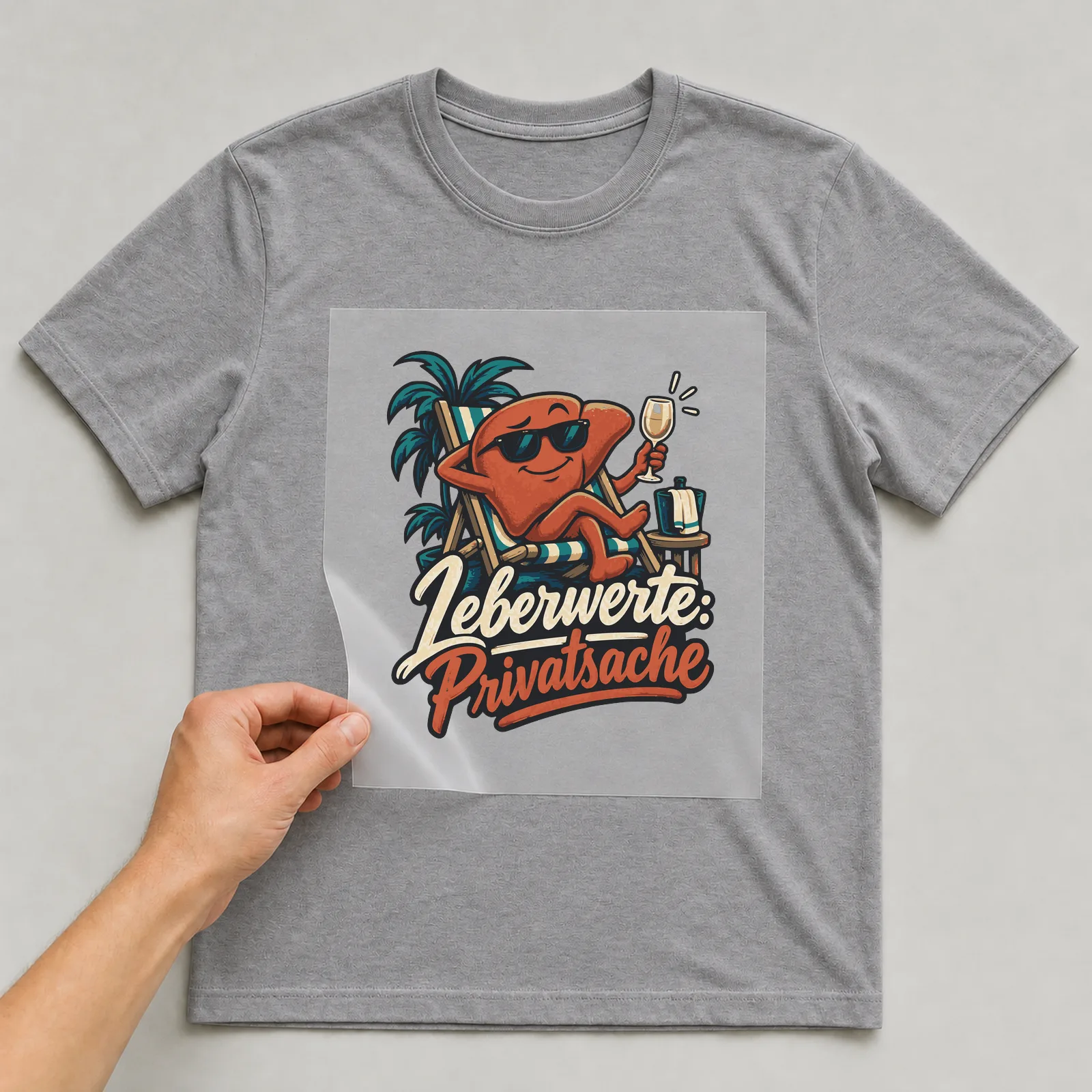 Bügelbild Leberwerte: Privatsache auf grauem T-Shirt, Folie wird aufgelegt