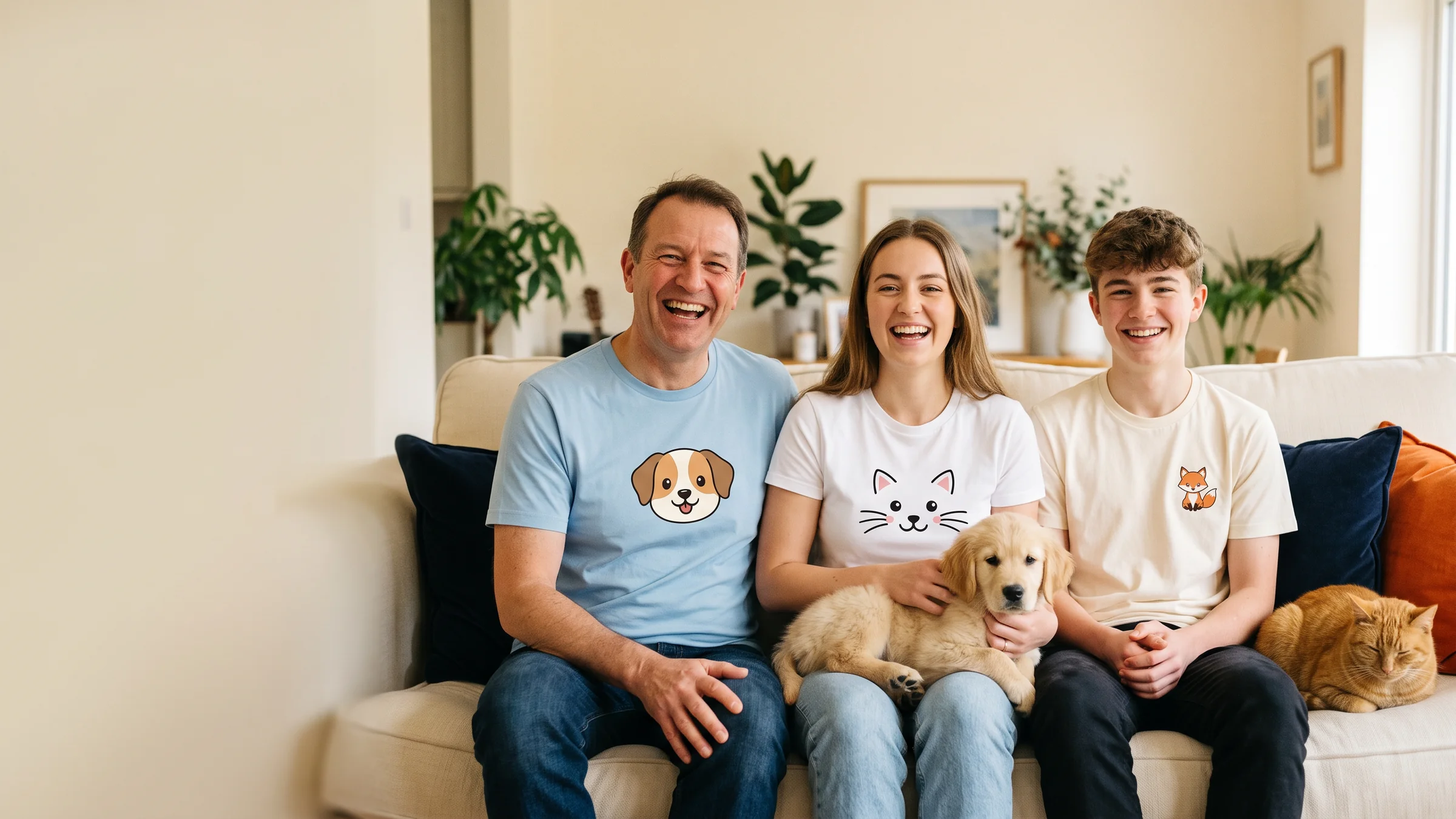Eine Familie lacht auf dem Sofa mit Welpe und Katze und trägt Shirts mit Tier-Motiven von Bügelfuchs