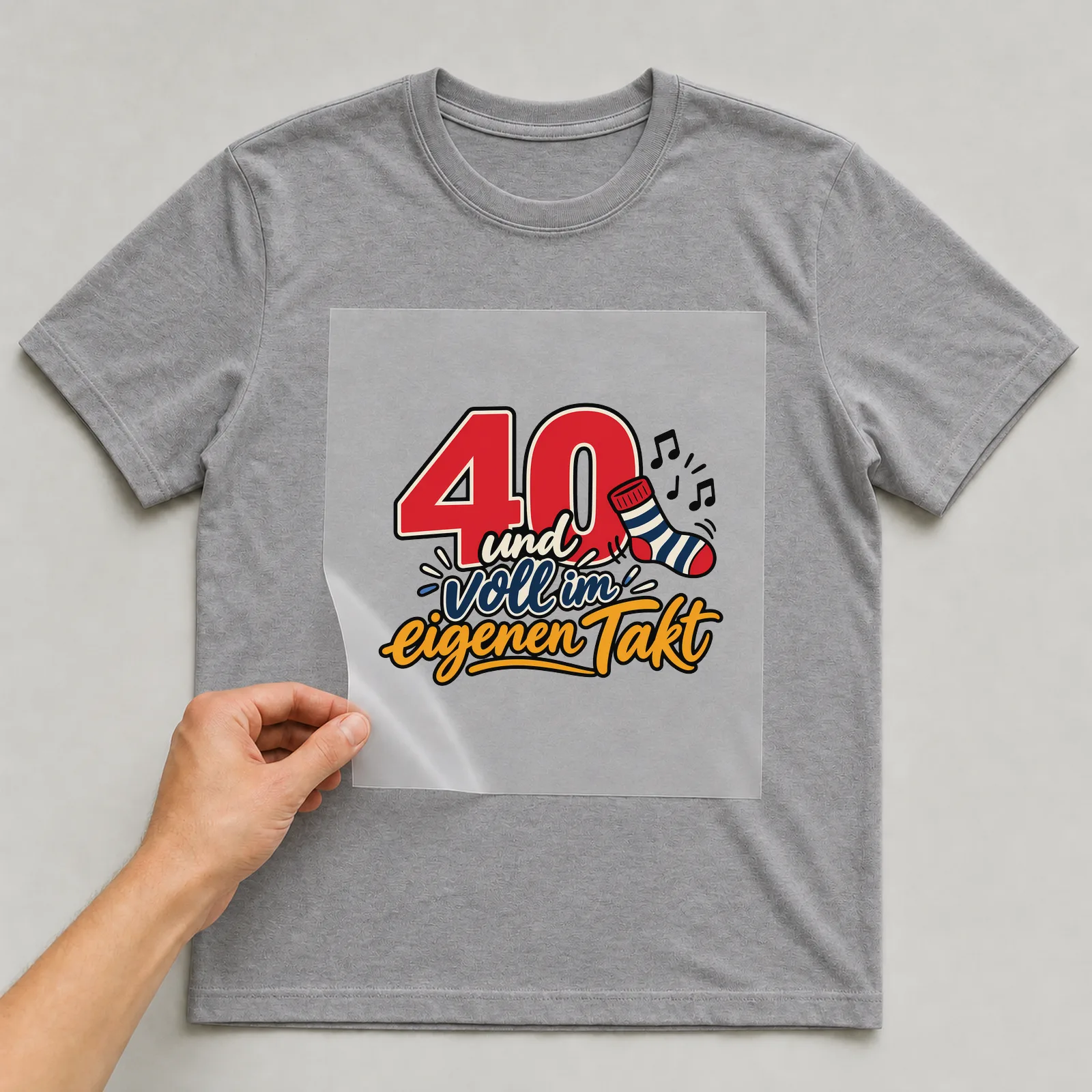 Bügelbild „40 und voll im eigenen Takt“ auf grauem T-Shirt, Folie wird aufgelegt