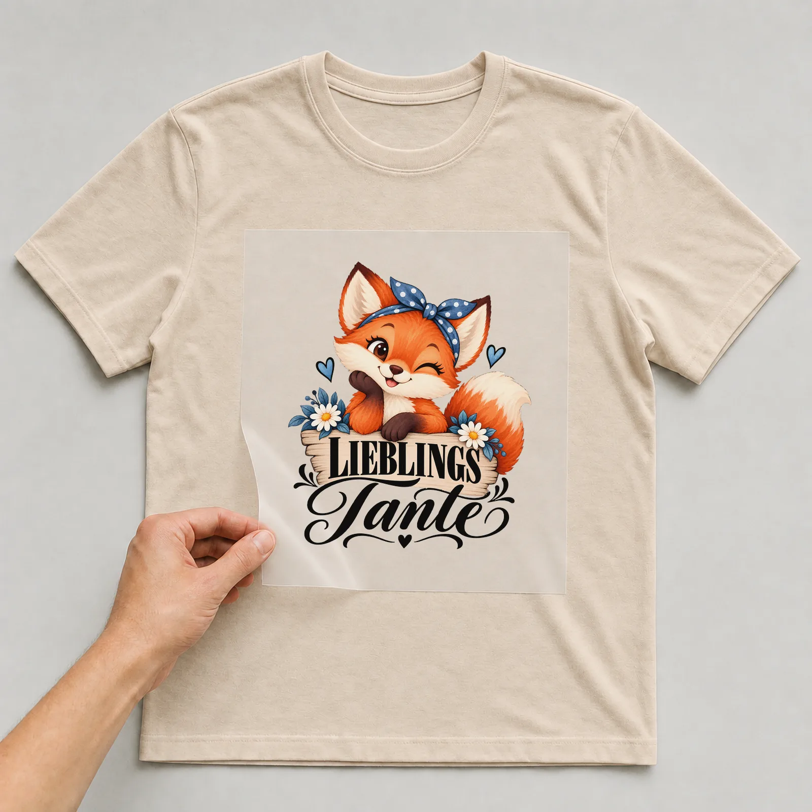 Bügelbild „Lieblingstante“ auf beigem T-Shirt, Folie wird aufgelegt