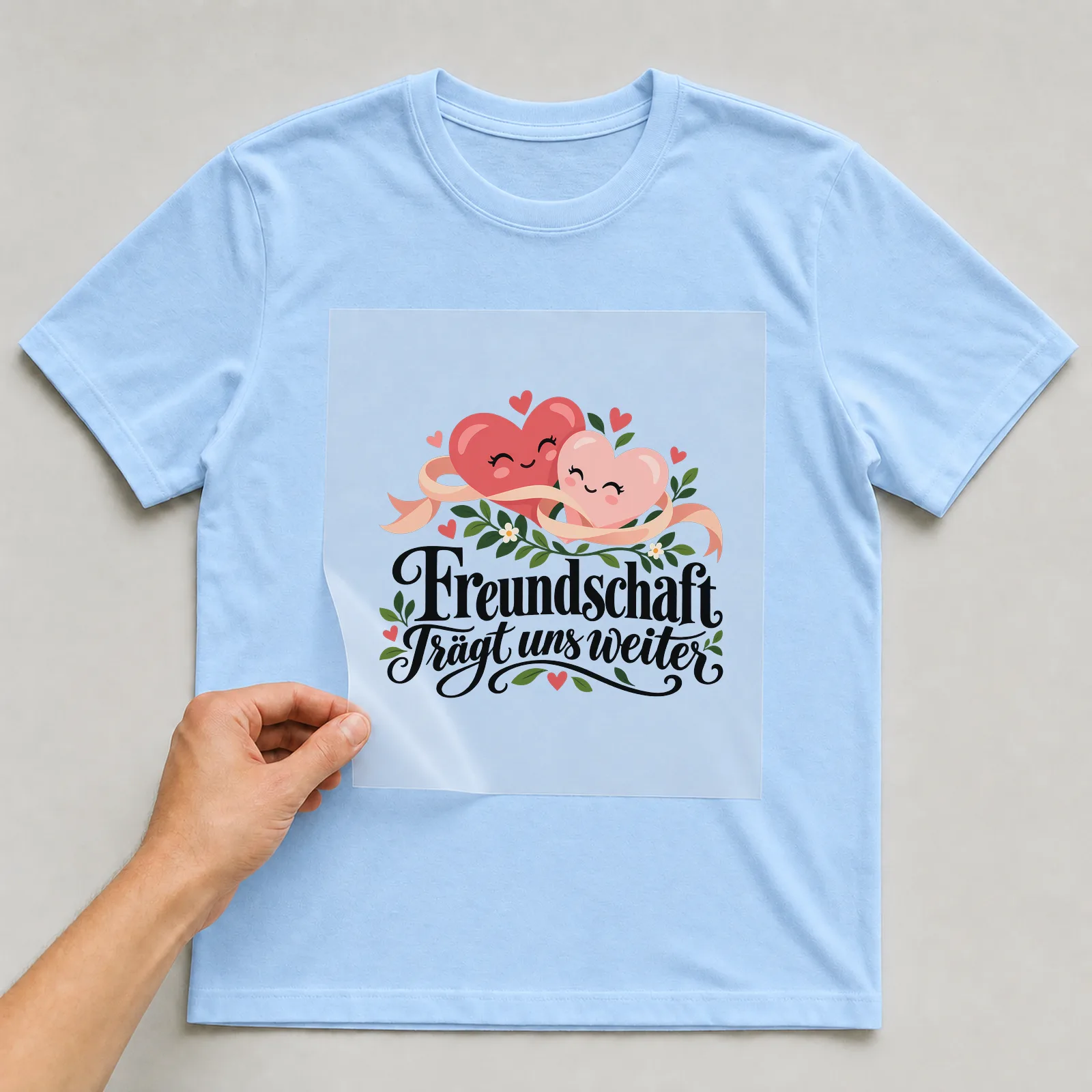 Bügelbild „Freundschaft trägt uns weiter“ auf hellblauem T-Shirt, Folie wird aufgelegt