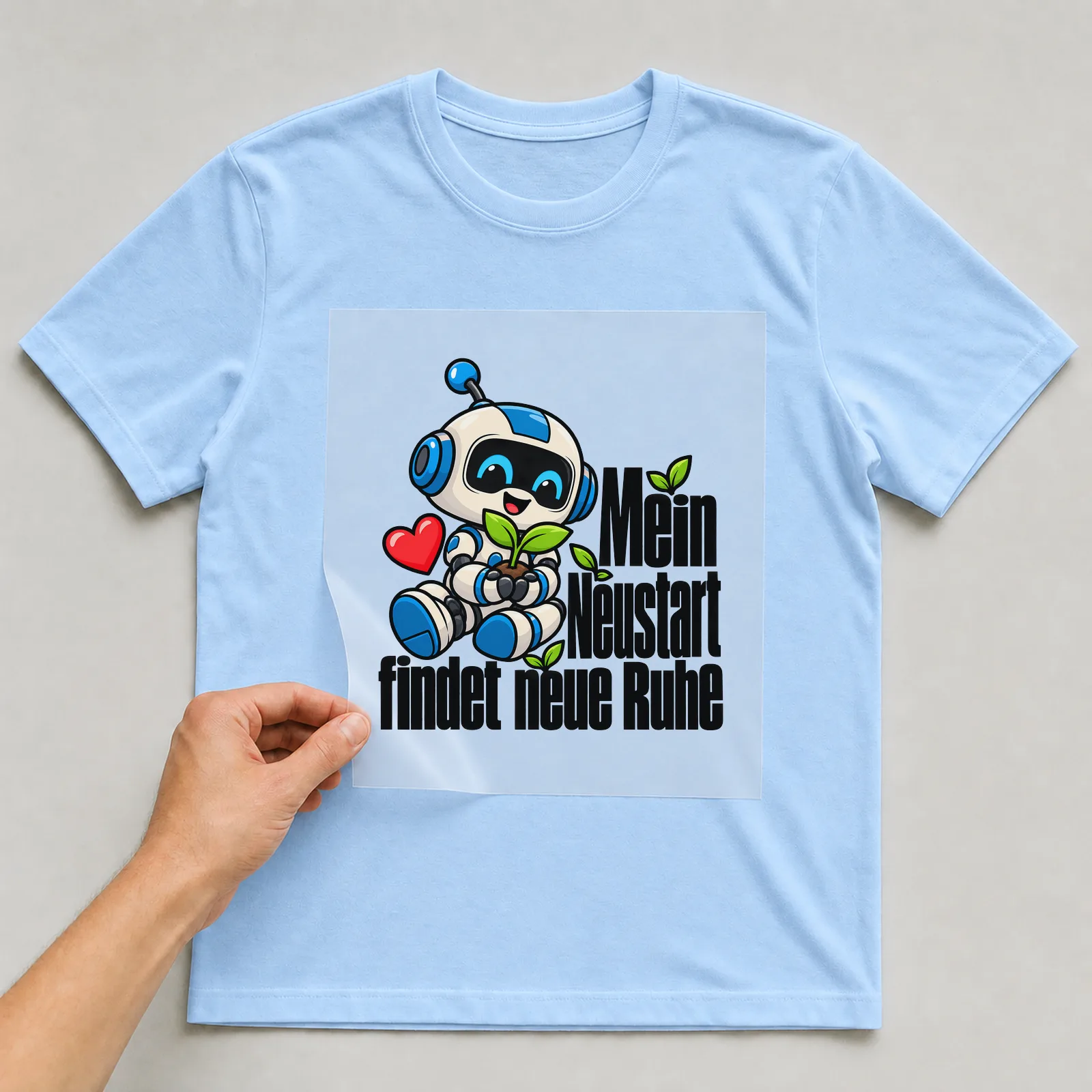 Bügelbild „Mein Neustart findet neue Ruhe“ auf hellblauem T-Shirt, Folie wird aufgelegt