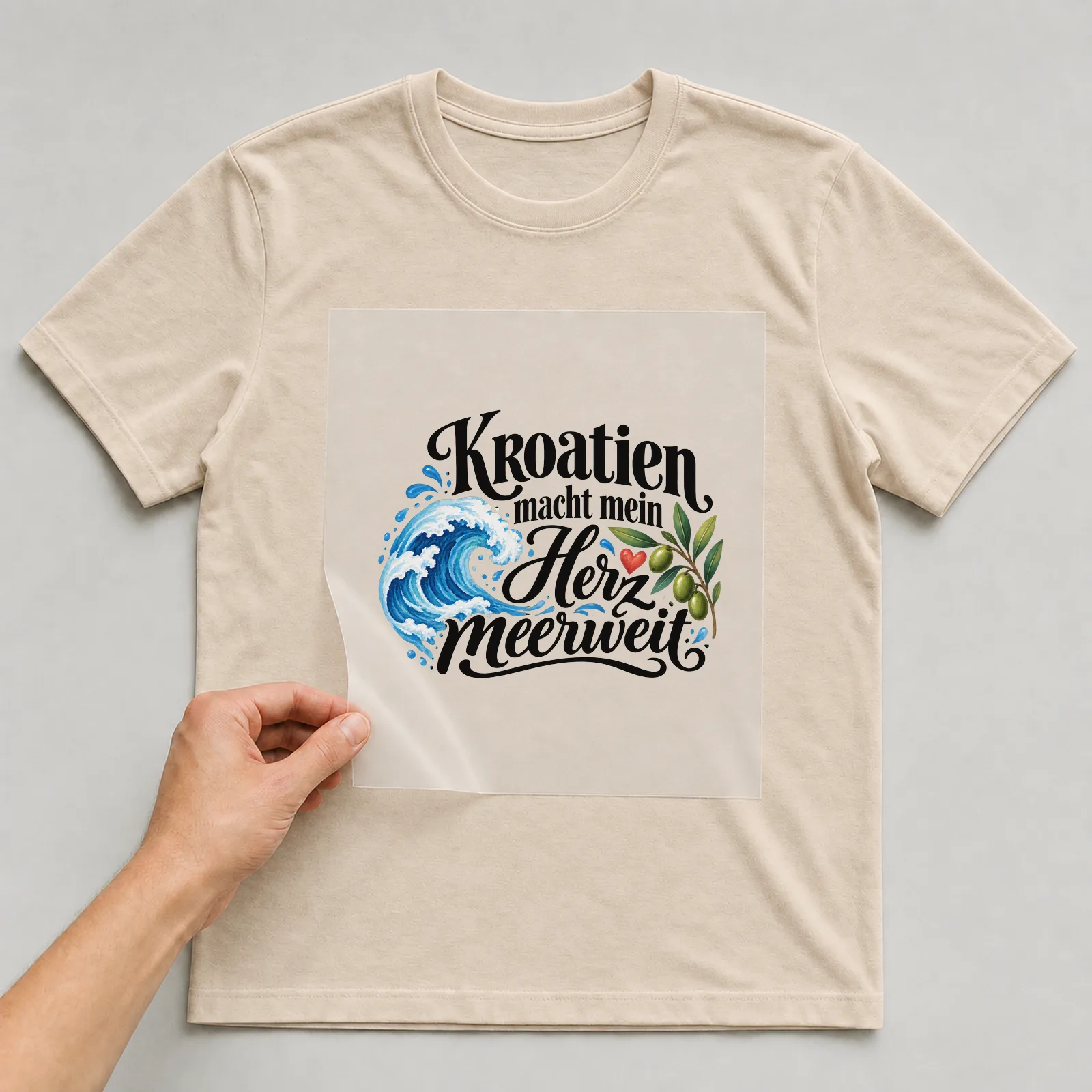 Bügelbild „Kroatien macht mein Herz meerweit“ auf beigem T-Shirt, Folie wird aufgelegt