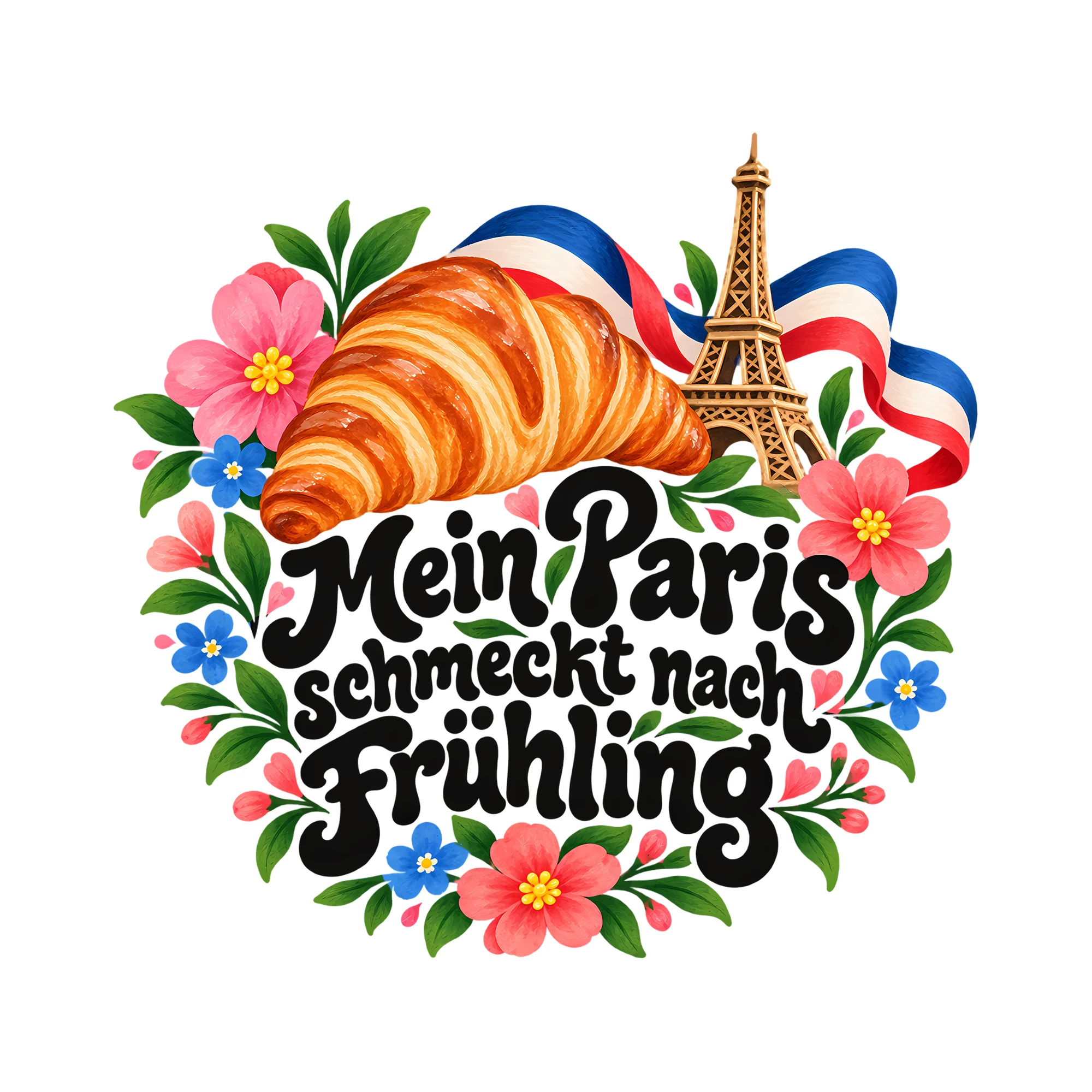 Bügelbild Mein Paris schmeckt nach Frühling als Grafik auf weißem Hintergrund (BB013691)