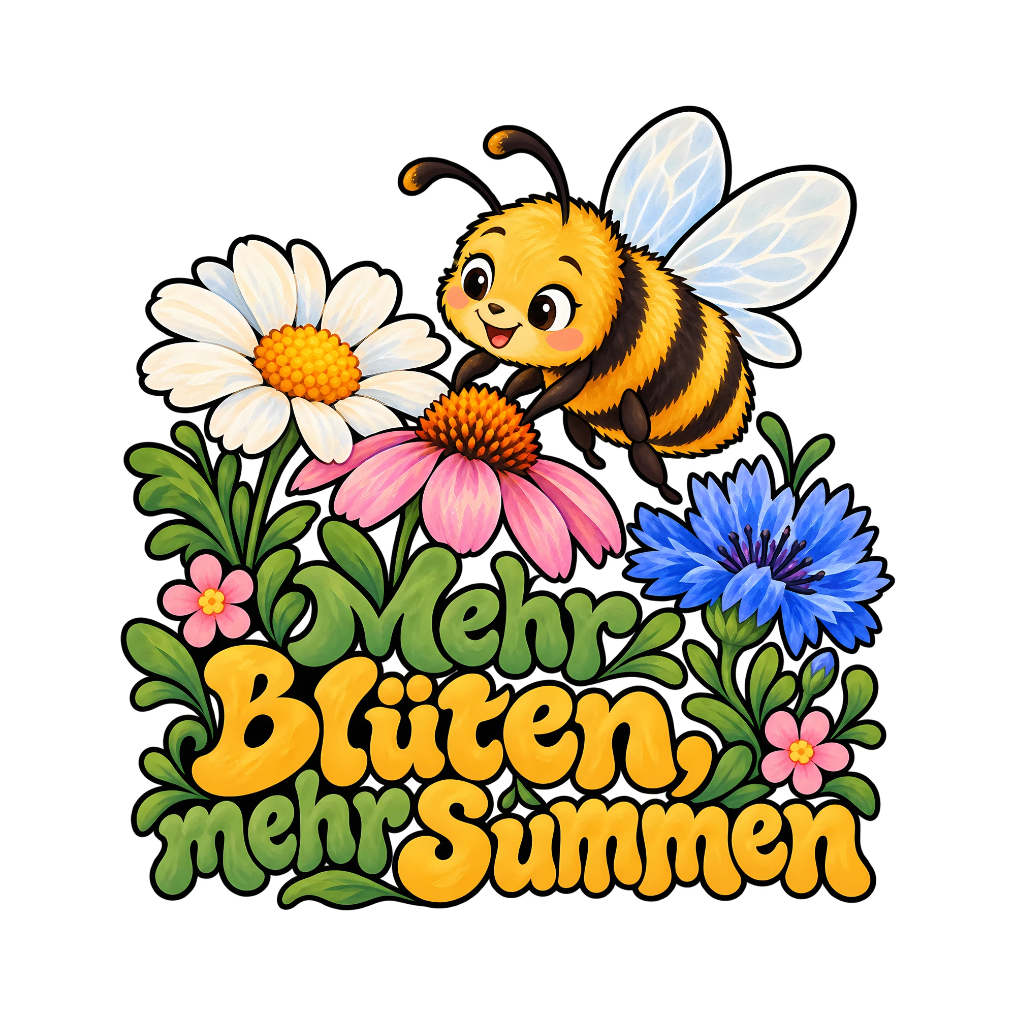 Bügelbild Mehr Blüten, mehr Summen als Grafik auf weißem Hintergrund (BB013234)