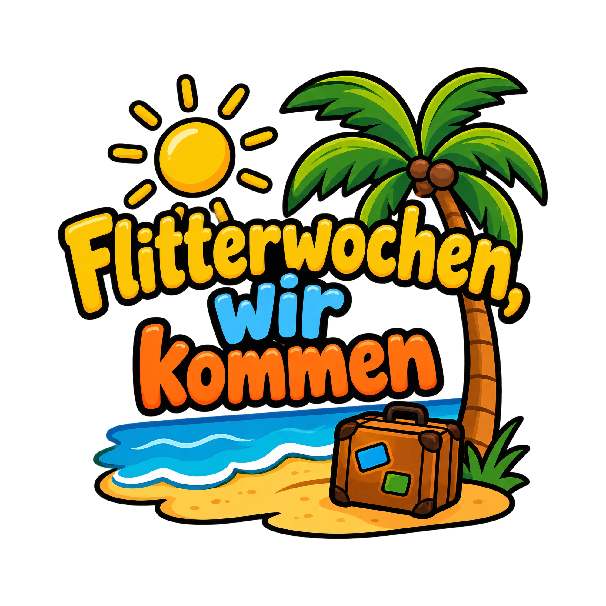 Bügelbild Flitterwochen wir kommen als Grafik auf weißem Hintergrund (BB016373)