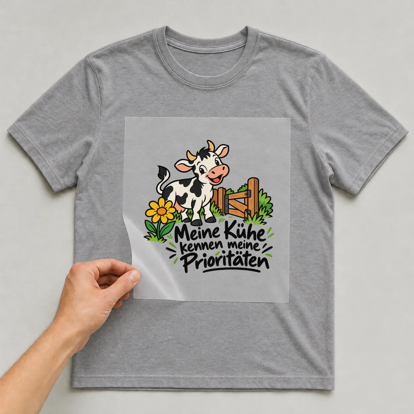 Bügelbild „Meine Kühe kennen meine Prioritäten“ auf grauem T-Shirt, Folie wird aufgelegt