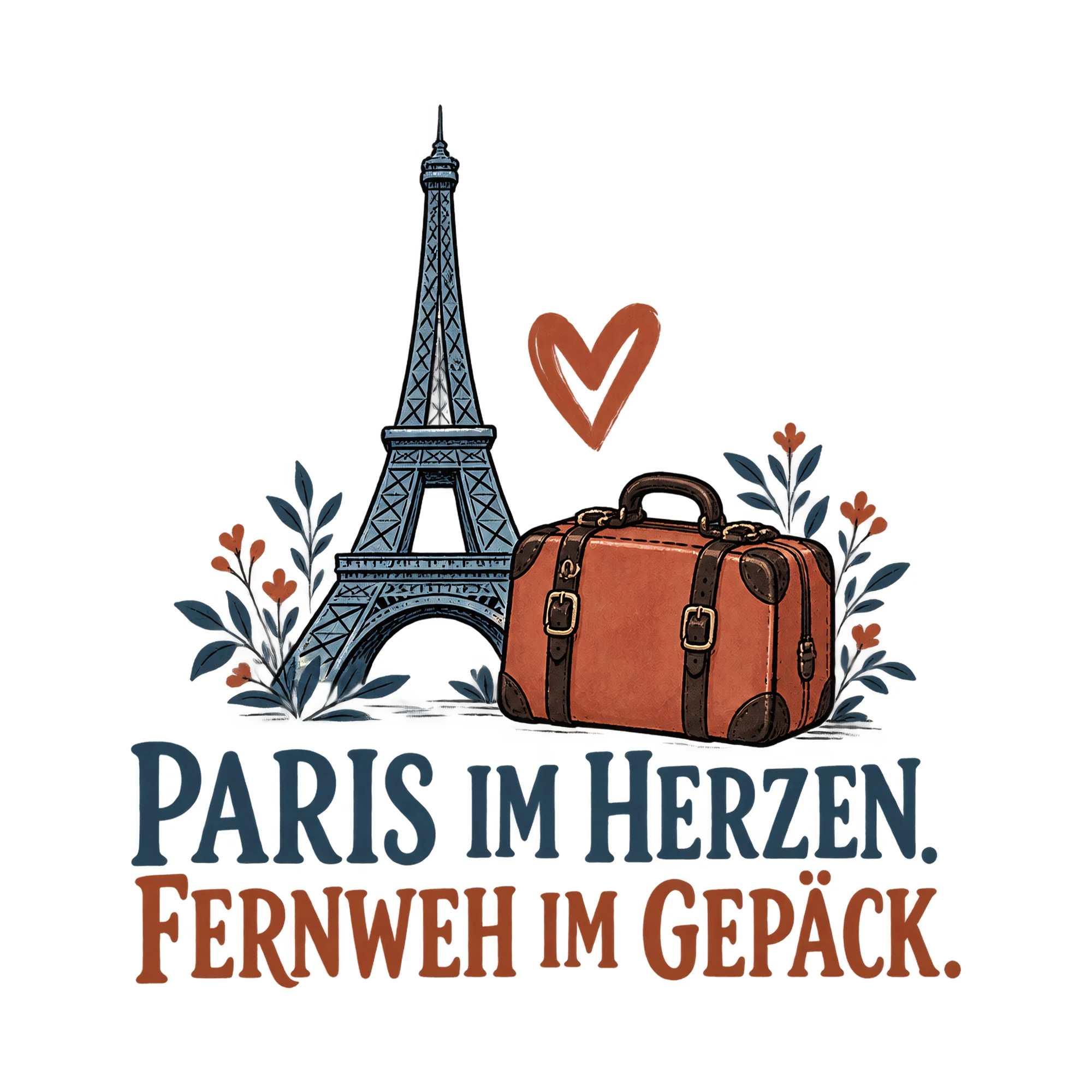 Bügelbild PARIS IM HERZEN. FERNWEH IM GEPÄCK. als Grafik auf weißem Hintergrund (BB021449)