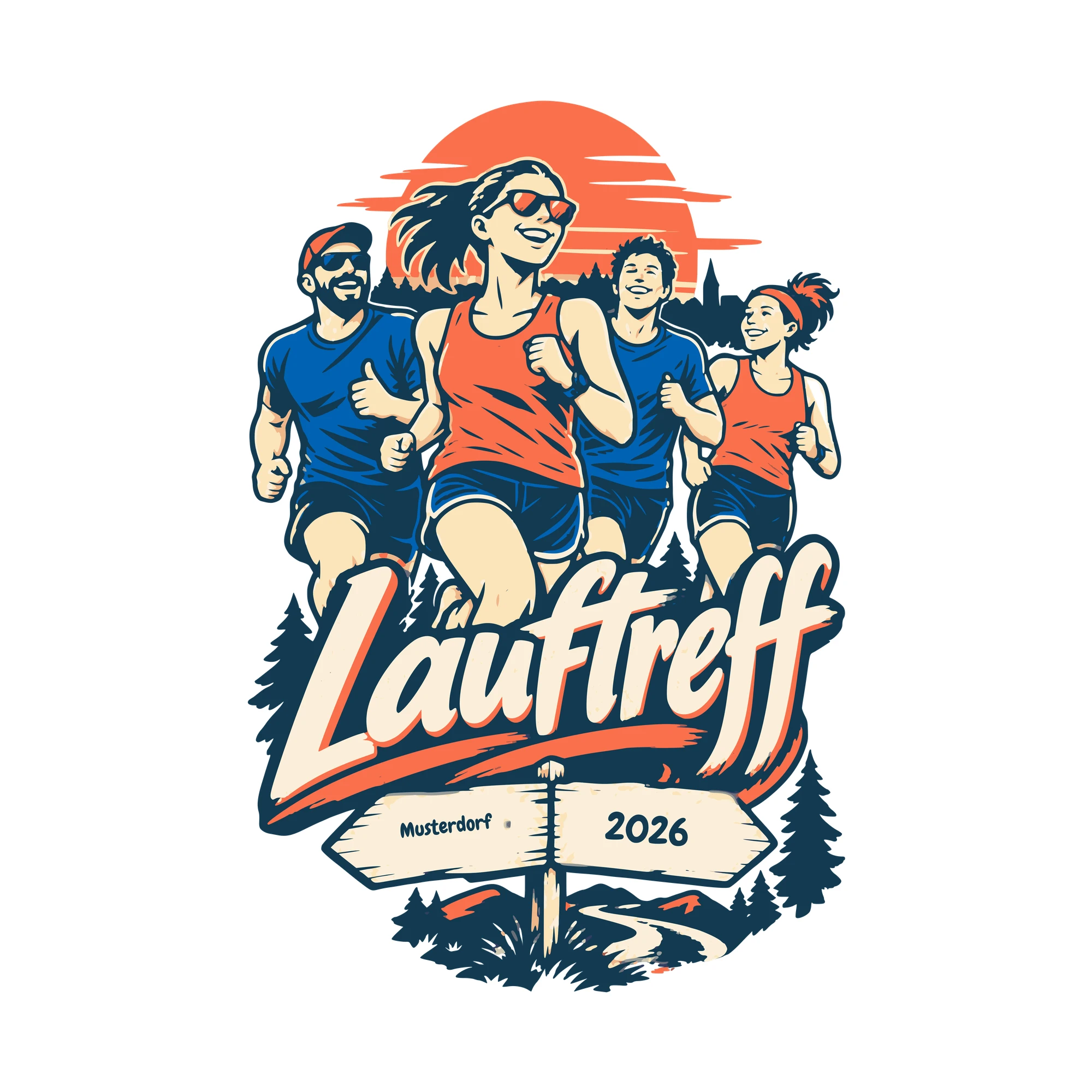 Bügelbild Lauftreff mit Ort und Jahr als Grafik auf weißem Hintergrund (BB011106)