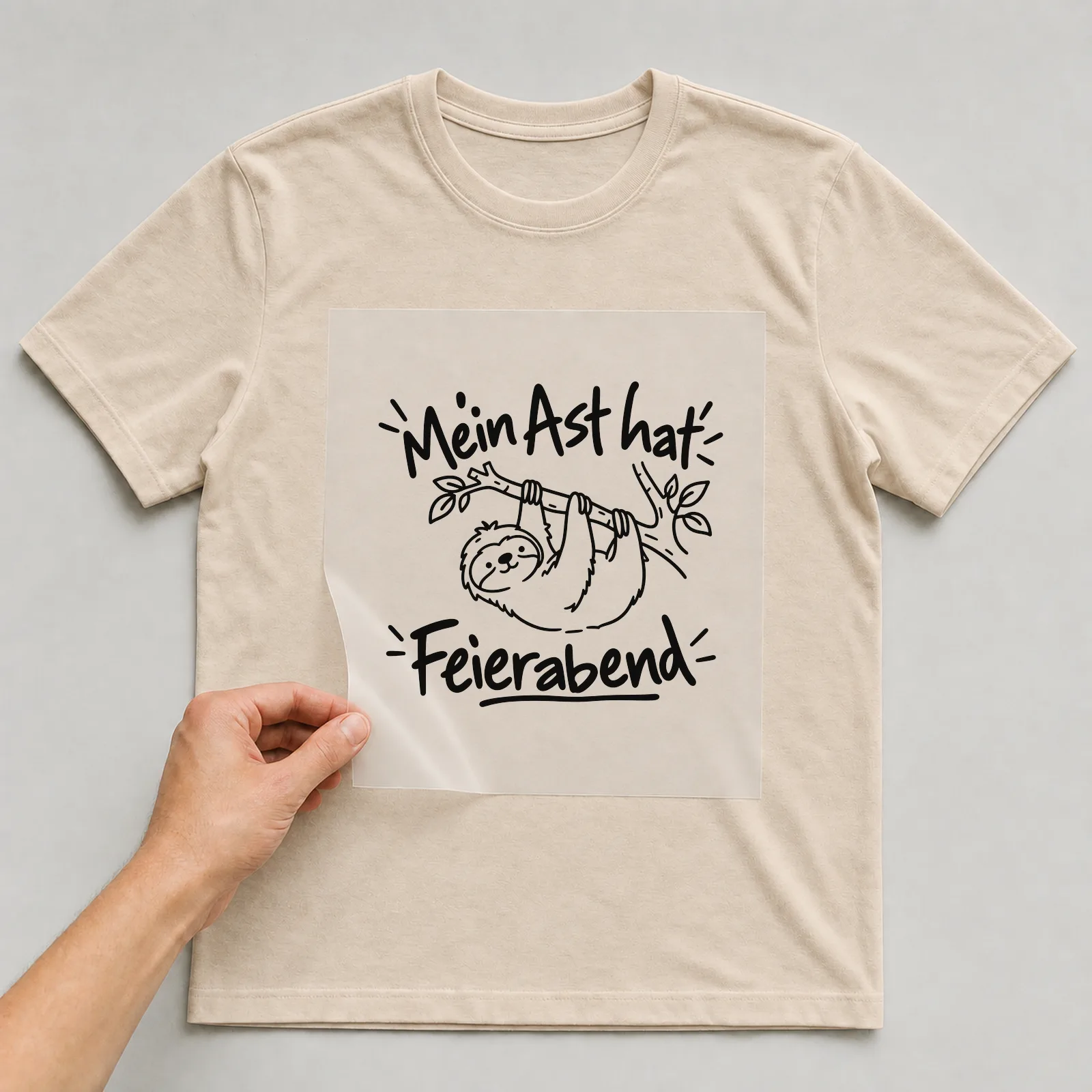 Bügelbild „Mein Ast hat Feierabend“ auf beigem T-Shirt, Folie wird aufgelegt