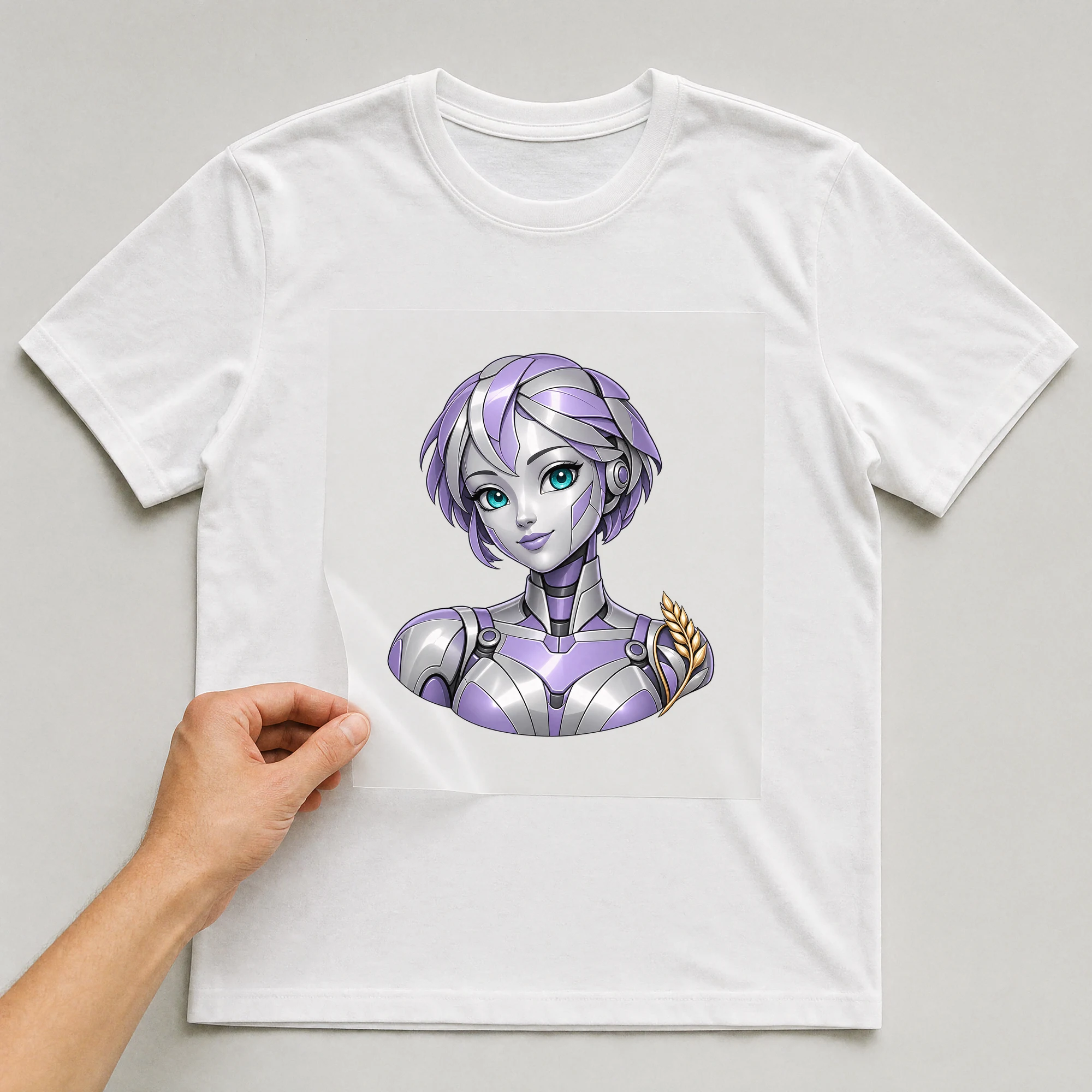 Bügelbild „Mecha Roboter Sternzeichen Jungfrau“ auf weißem T-Shirt, Folie wird aufgelegt