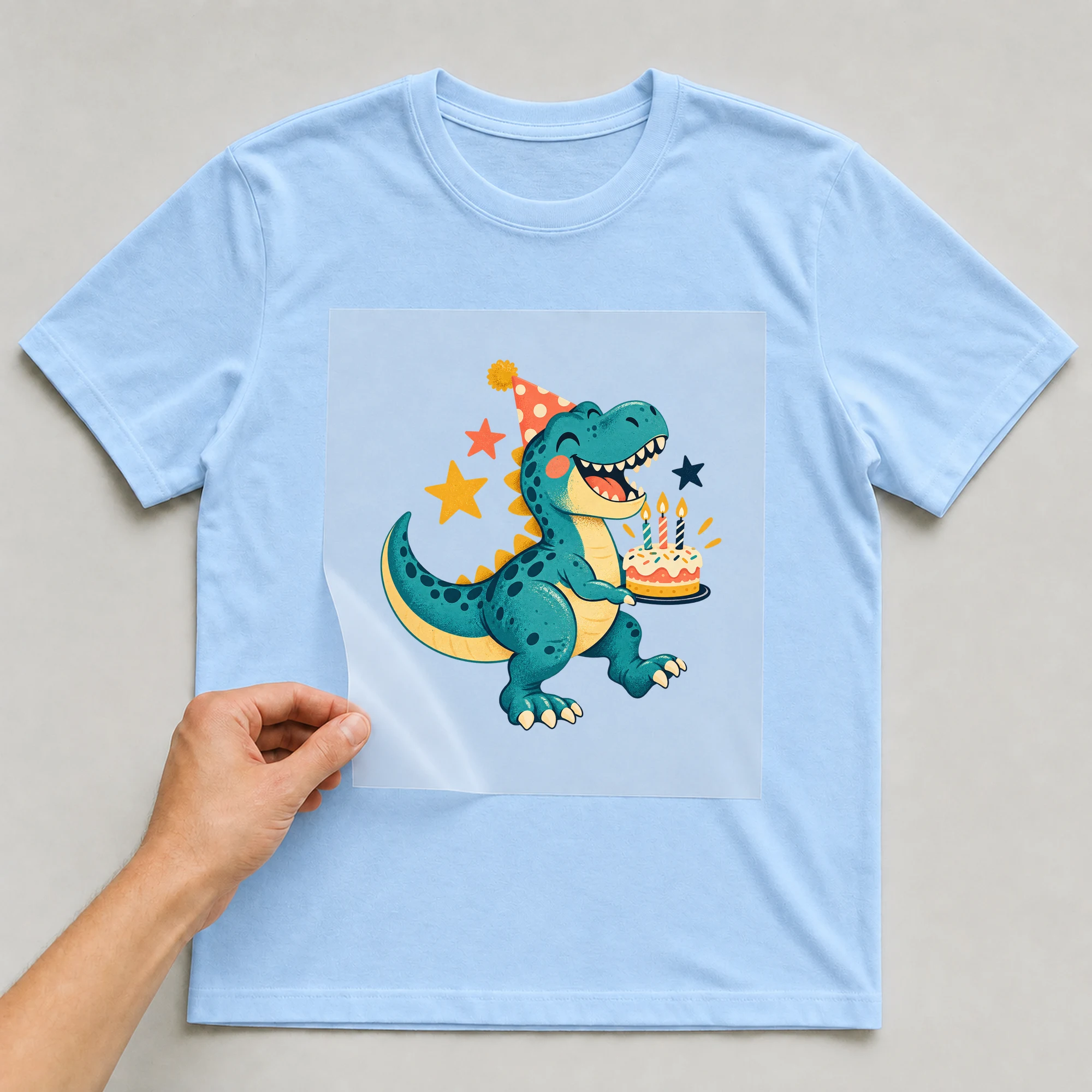 Bügelbild „Dino im Retro-Stil“ auf babyblauem T-Shirt, Folie wird aufgelegt
