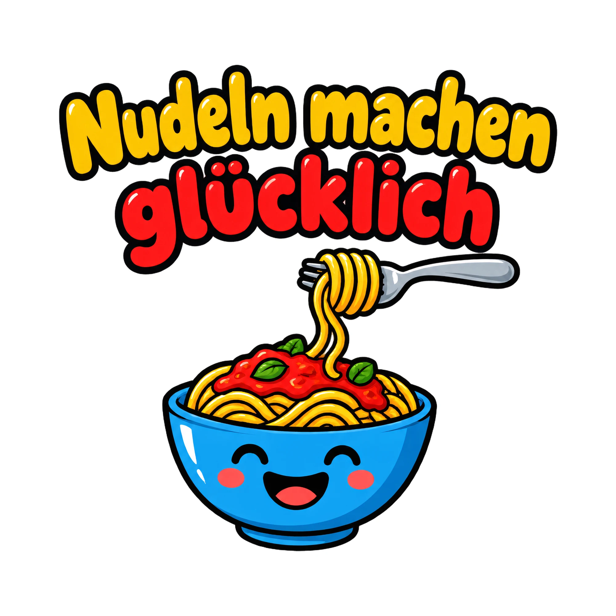 Bügelbild Nudeln machen glücklich als Grafik auf weißem Hintergrund (BB018476)