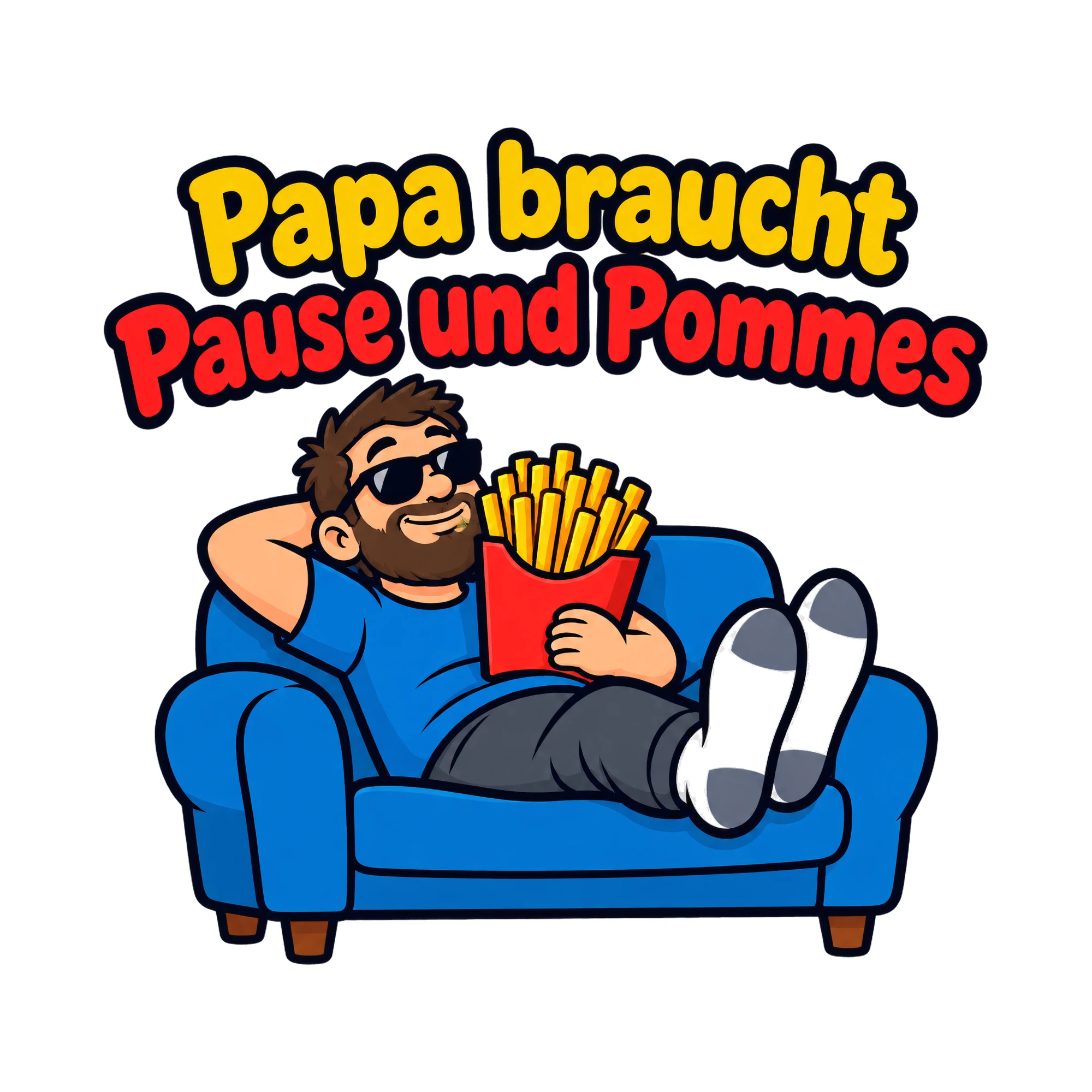 Bügelbild Papa braucht Pause und Pommes als Grafik auf weißem Hintergrund (BB019219)
