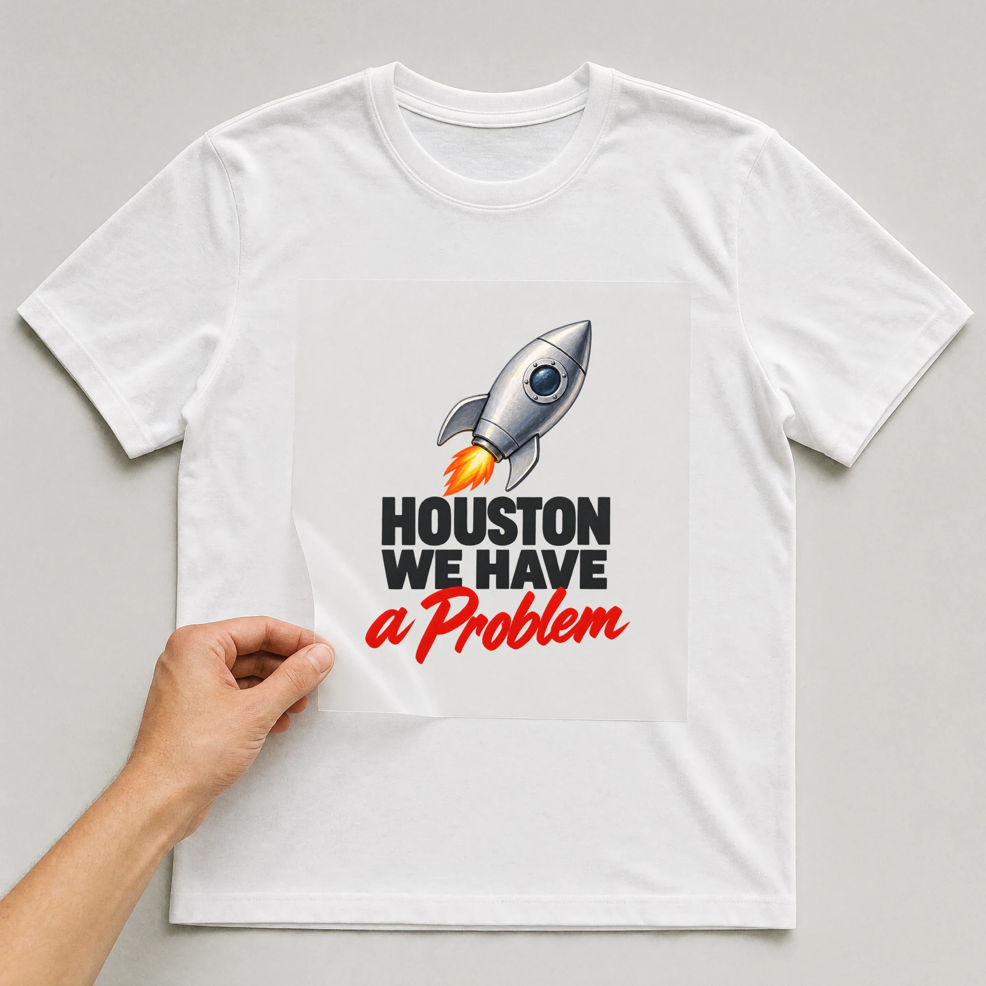 Bügelbild „Houston We Have A Problem“ auf weißem T-Shirt, Folie wird aufgelegt