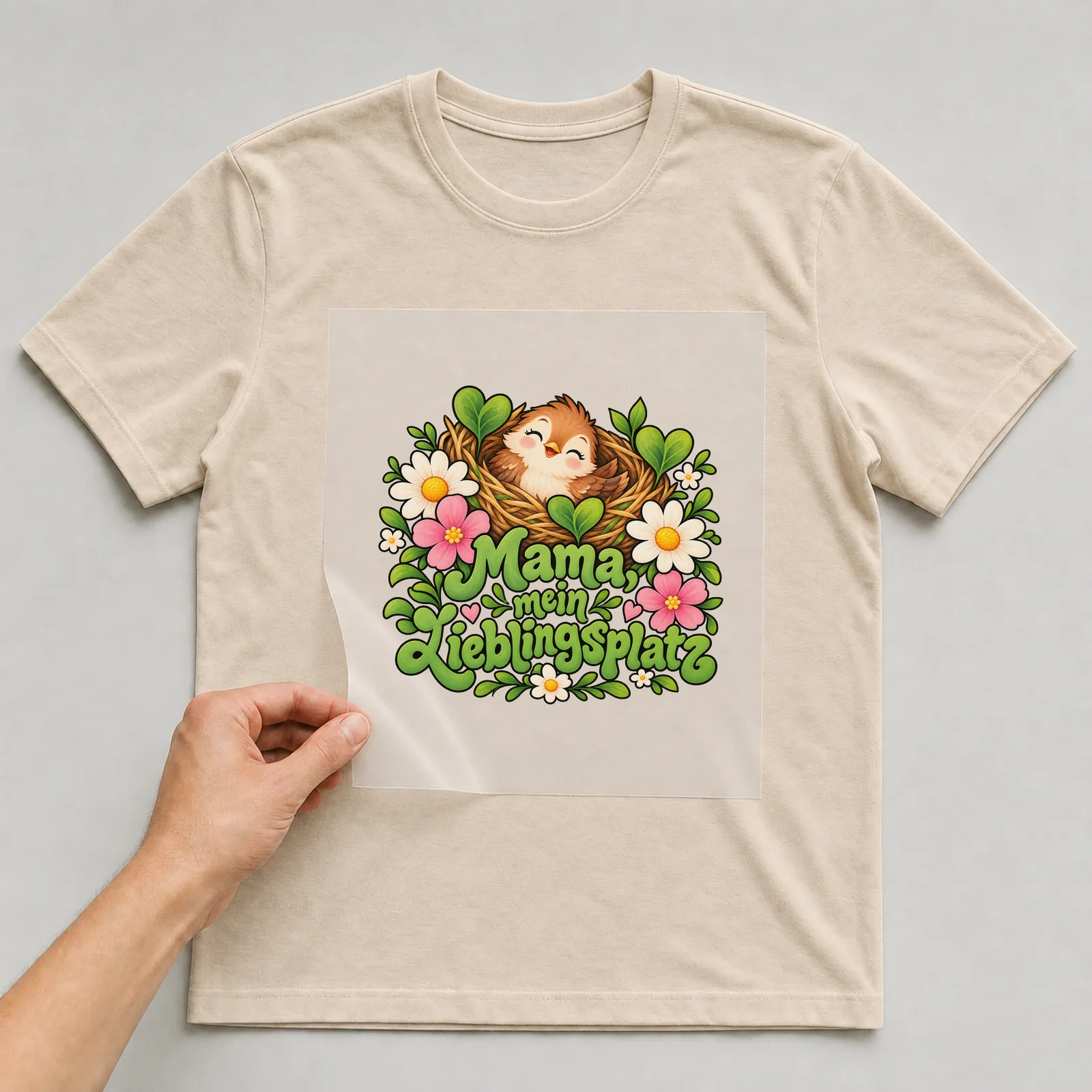 Bügelbild „Mama, mein Lieblingsplatz“ auf beigem T-Shirt, Folie wird aufgelegt