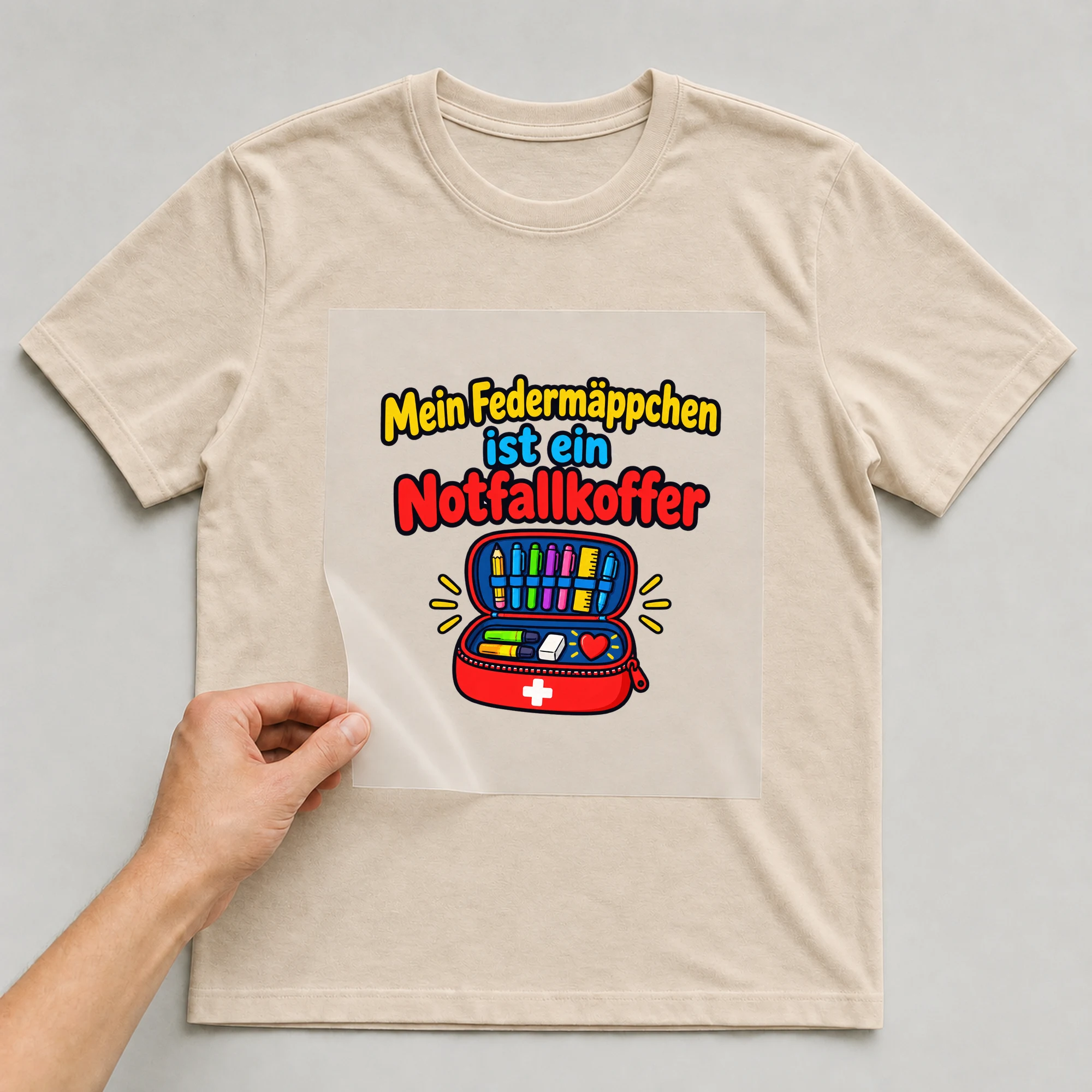 Bügelbild „Mein Federmäppchen ist ein Notfallkoffer“ auf beigem T-Shirt, Folie wird aufgelegt