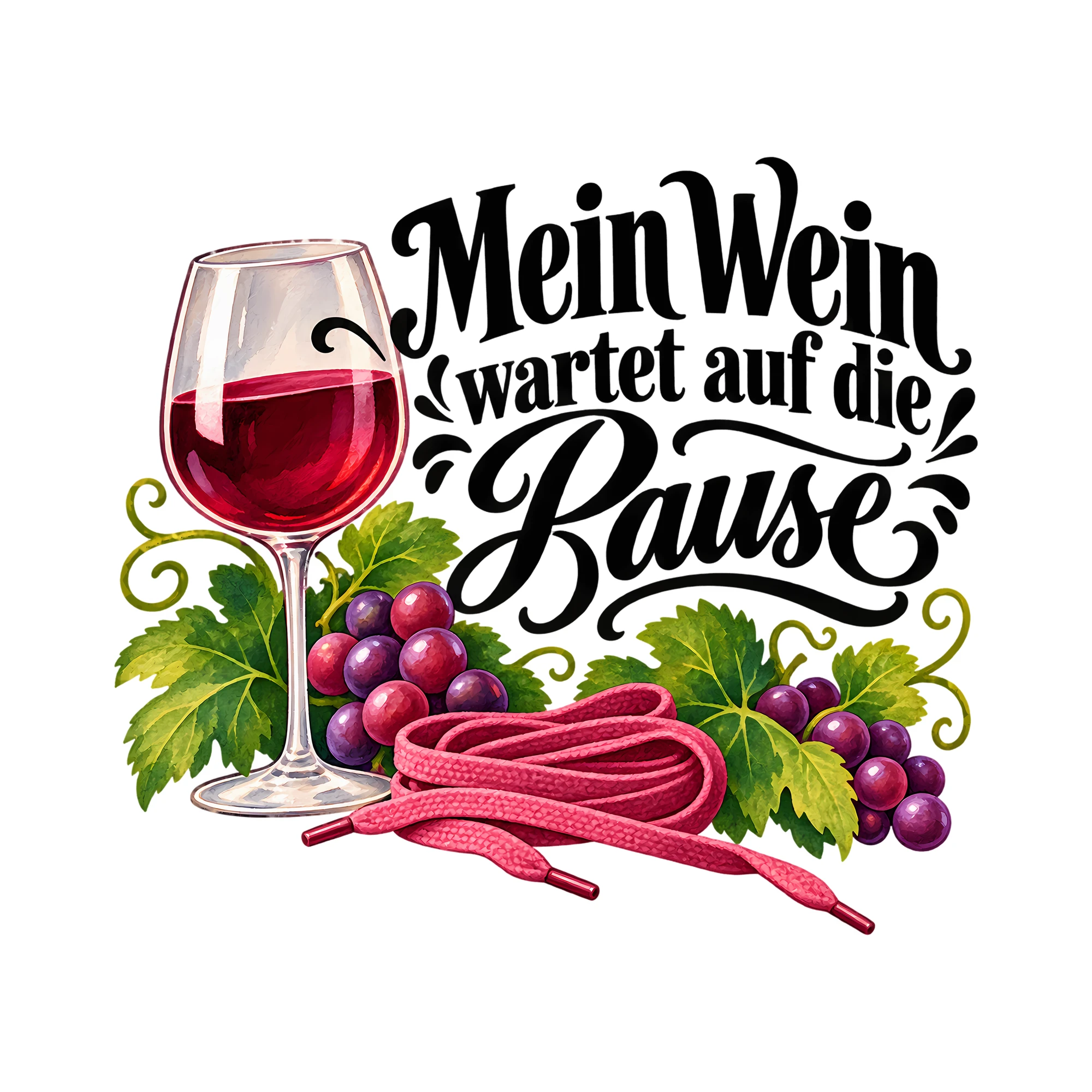Bügelbild Mein Wein wartet auf die Pause als Grafik auf weißem Hintergrund (BB012017)